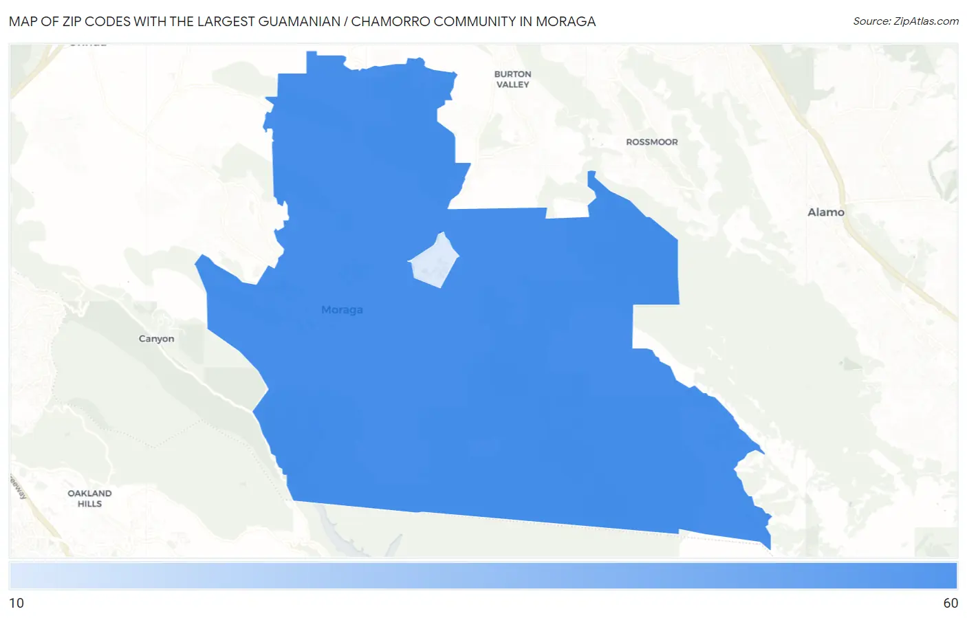Zip Codes with the Largest Guamanian / Chamorro Community in Moraga Map