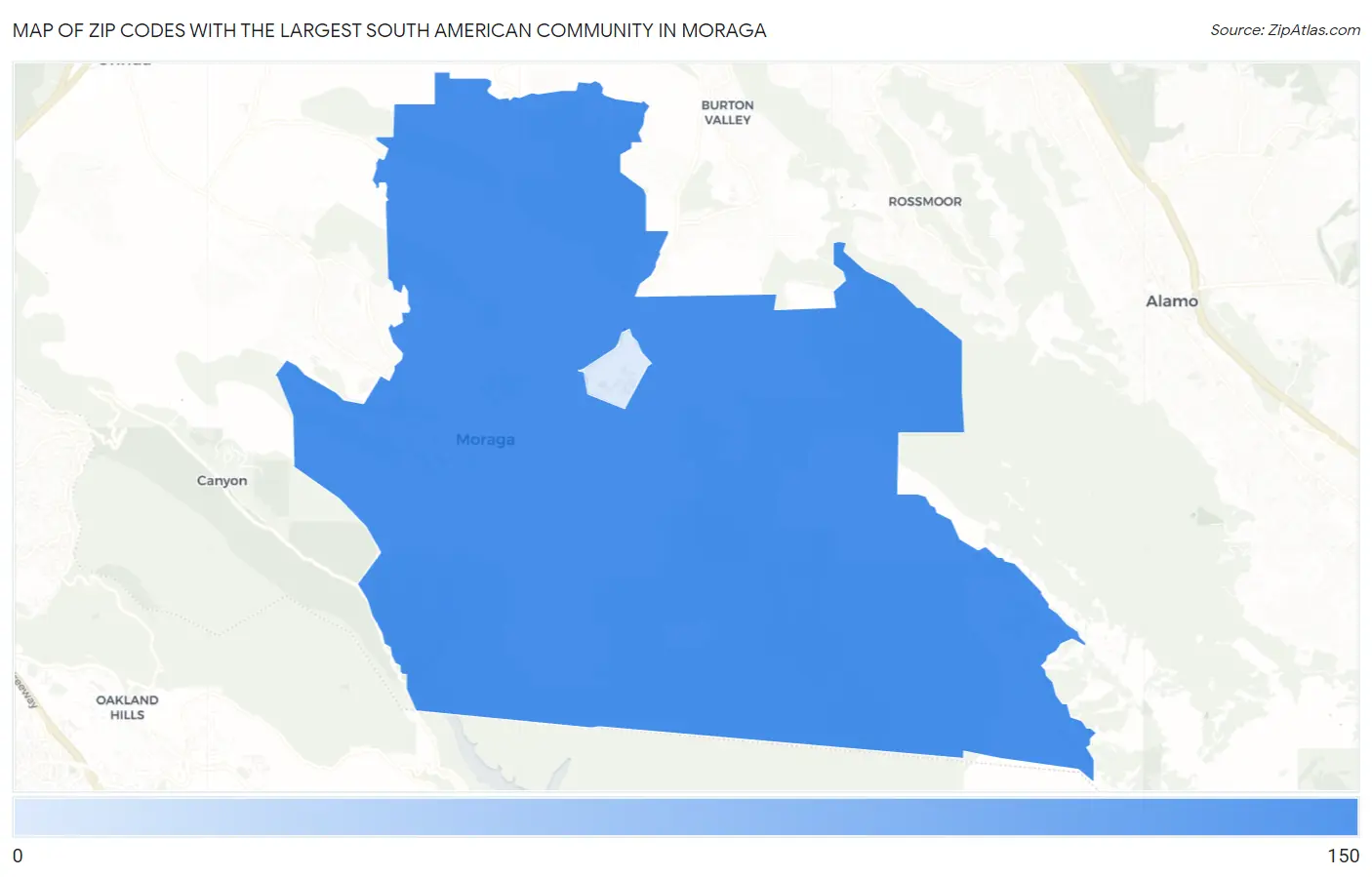 Zip Codes with the Largest South American Community in Moraga Map