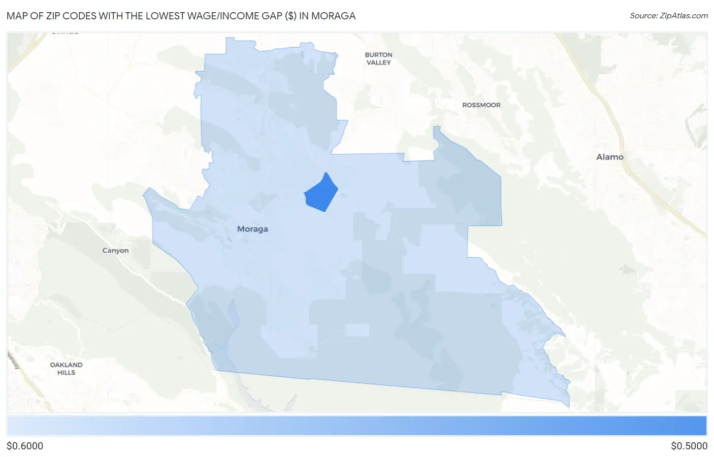Zip Codes with the Lowest Wage/Income Gap ($) in Moraga Map