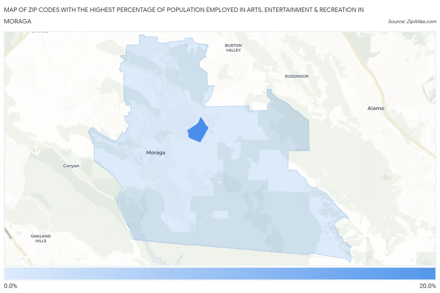 Zip Codes with the Highest Percentage of Population Employed in Arts, Entertainment & Recreation in Moraga Map