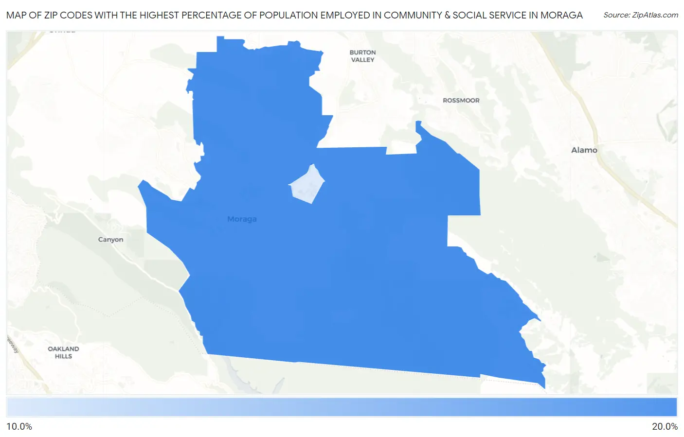Zip Codes with the Highest Percentage of Population Employed in Community & Social Service  in Moraga Map