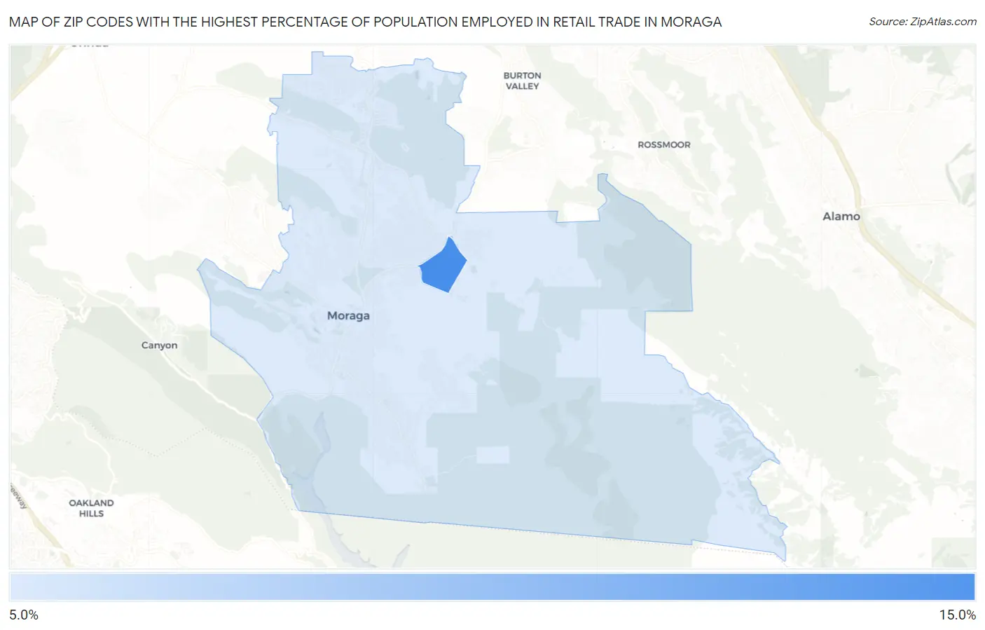 Zip Codes with the Highest Percentage of Population Employed in Retail Trade in Moraga Map