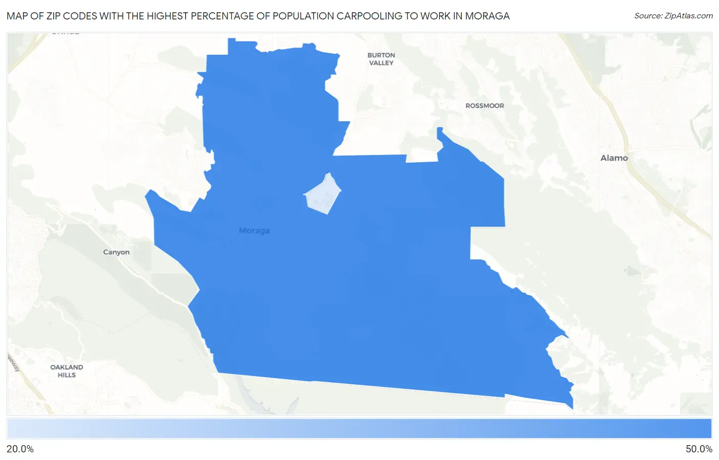 Zip Codes with the Highest Percentage of Population Carpooling to Work in Moraga Map