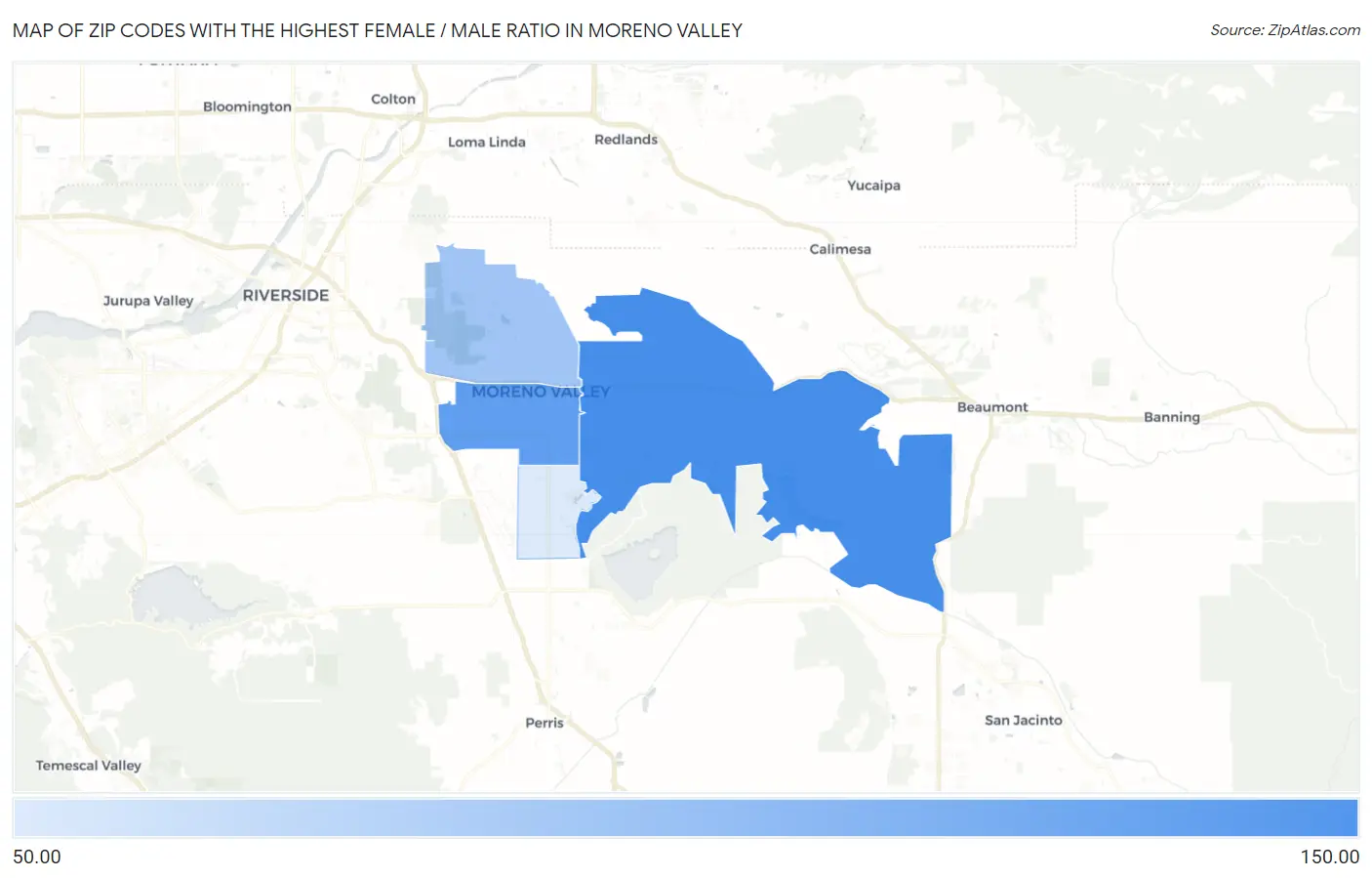Zip Codes with the Highest Female / Male Ratio in Moreno Valley Map