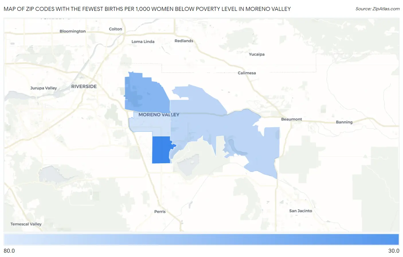 Zip Codes with the Fewest Births per 1,000 Women Below Poverty Level in Moreno Valley Map