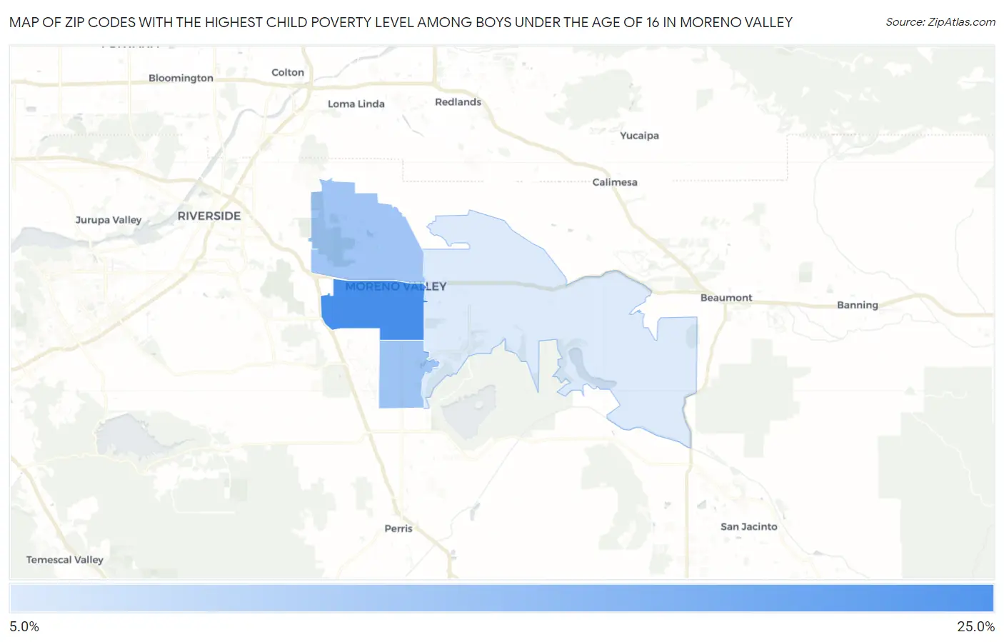 Zip Codes with the Highest Child Poverty Level Among Boys Under the Age of 16 in Moreno Valley Map