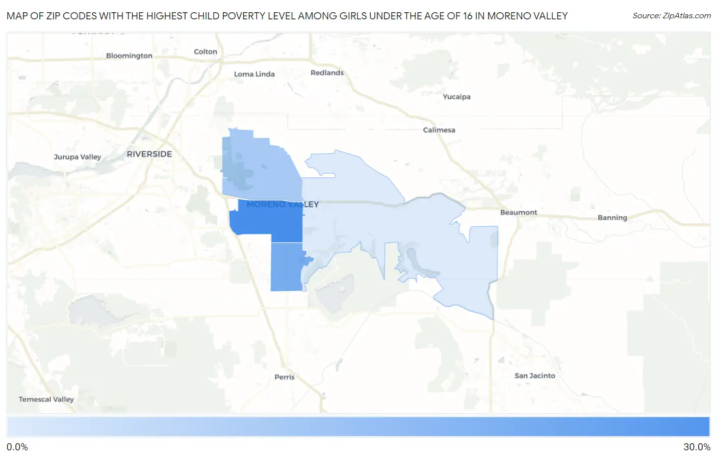 Zip Codes with the Highest Child Poverty Level Among Girls Under the Age of 16 in Moreno Valley Map