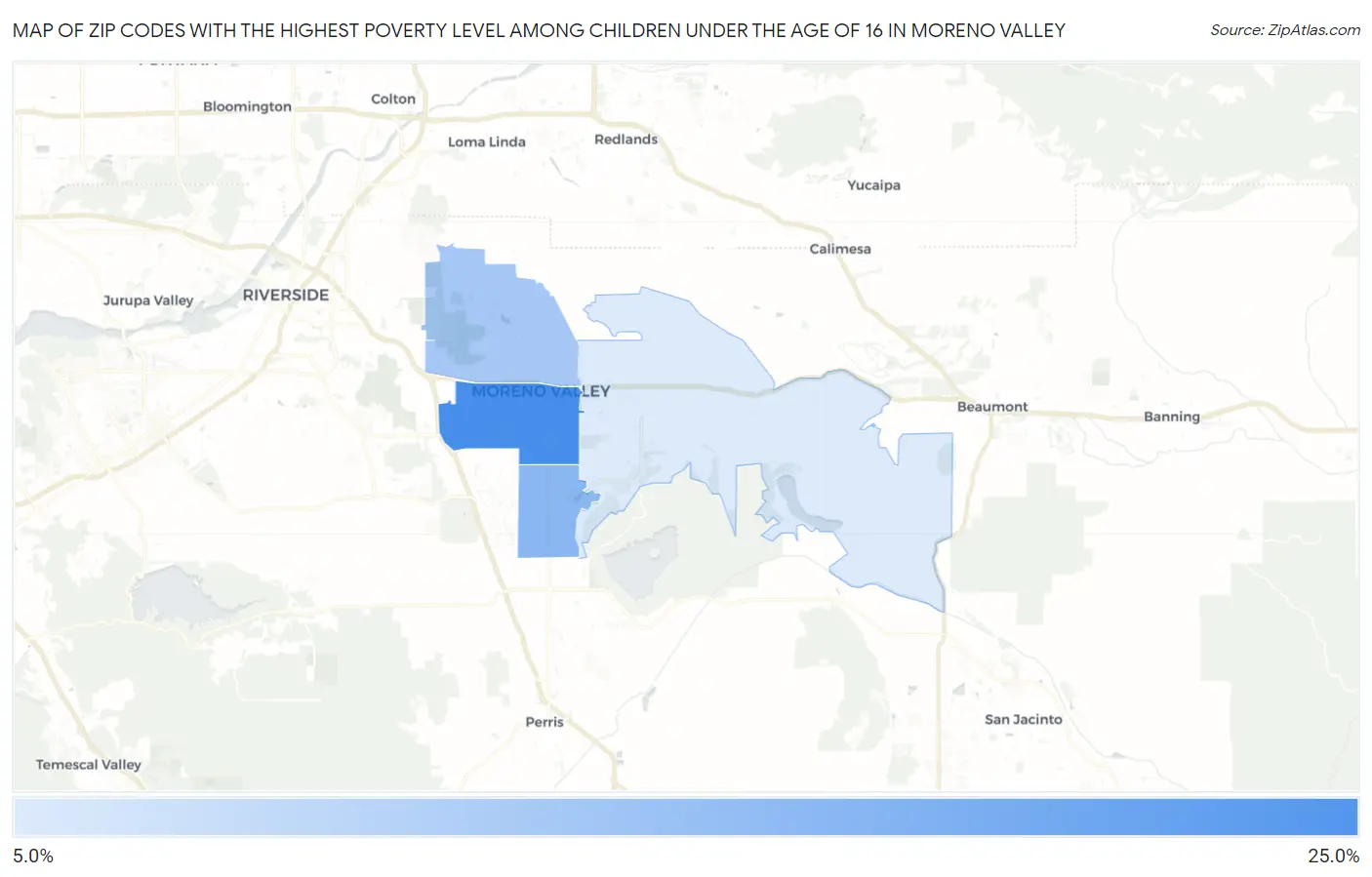 Zip Codes with the Highest Poverty Level Among Children Under the Age of 16 in Moreno Valley Map