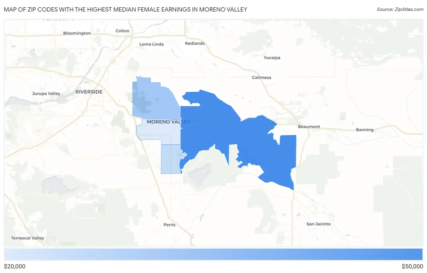 Zip Codes with the Highest Median Female Earnings in Moreno Valley Map