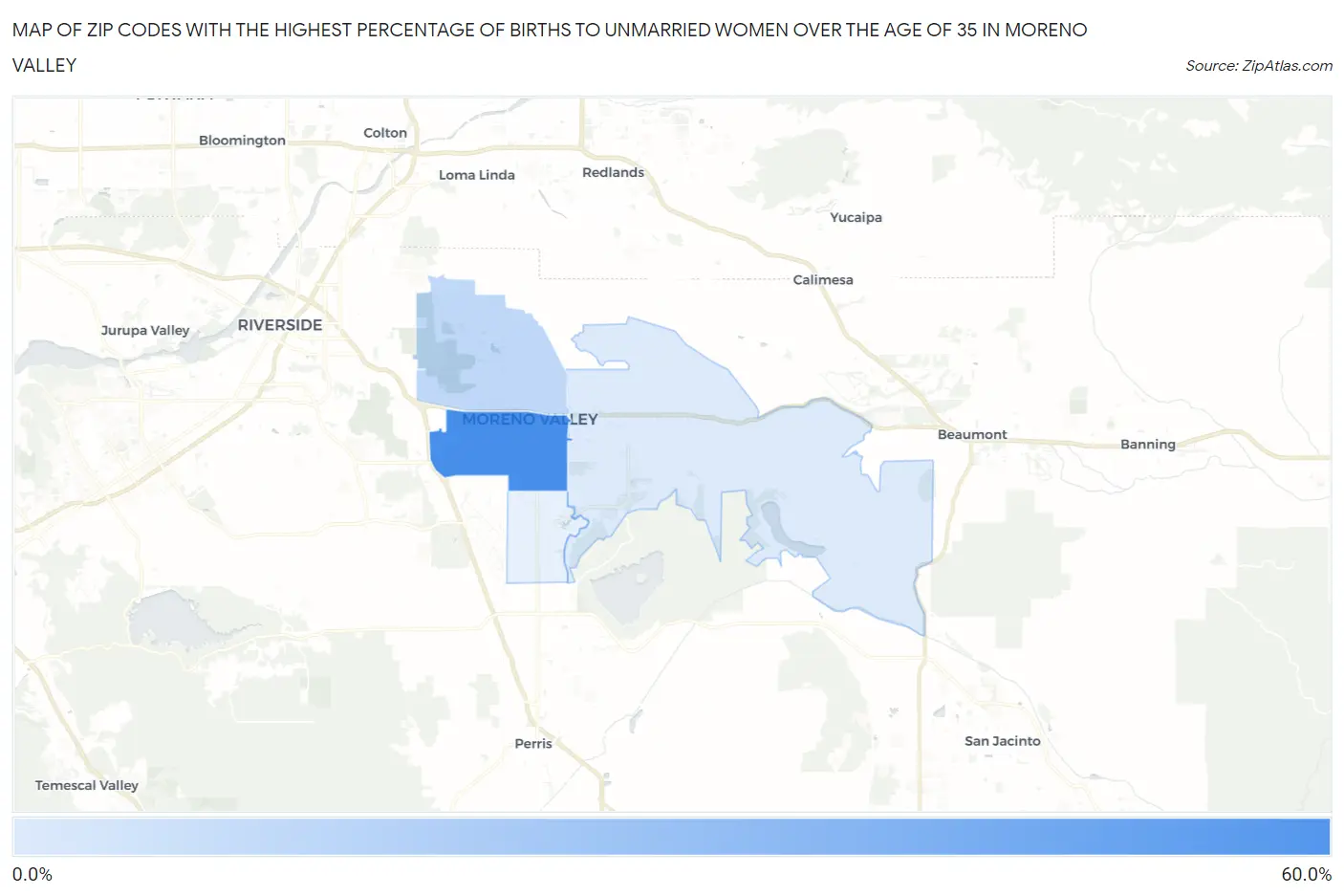 Zip Codes with the Highest Percentage of Births to Unmarried Women over the Age of 35 in Moreno Valley Map