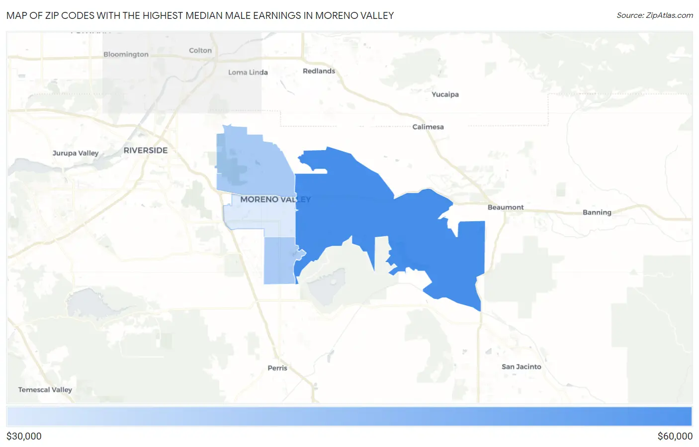 Zip Codes with the Highest Median Male Earnings in Moreno Valley Map