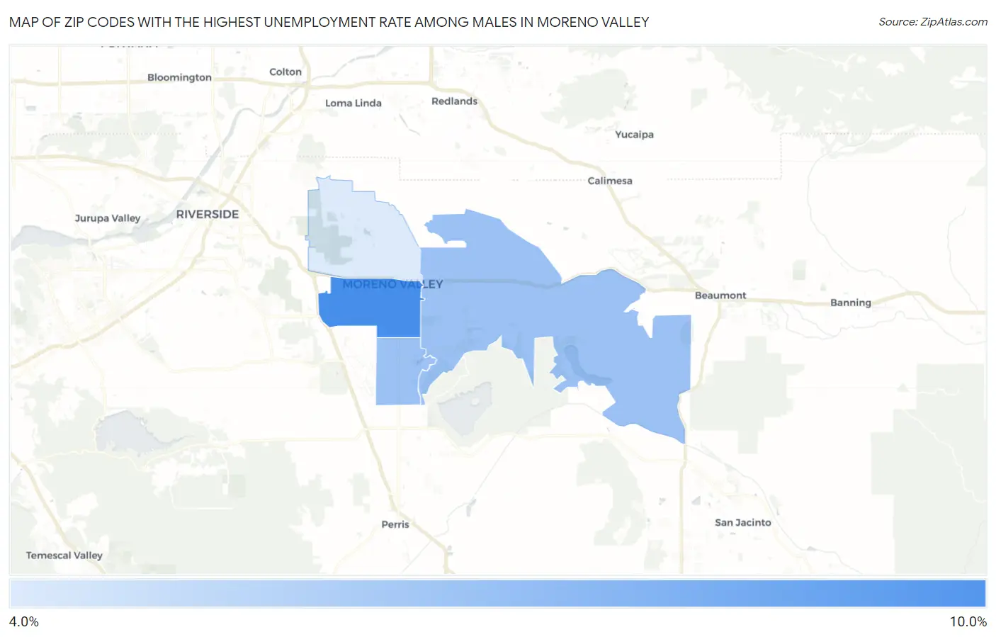 Zip Codes with the Highest Unemployment Rate Among Males in Moreno Valley Map