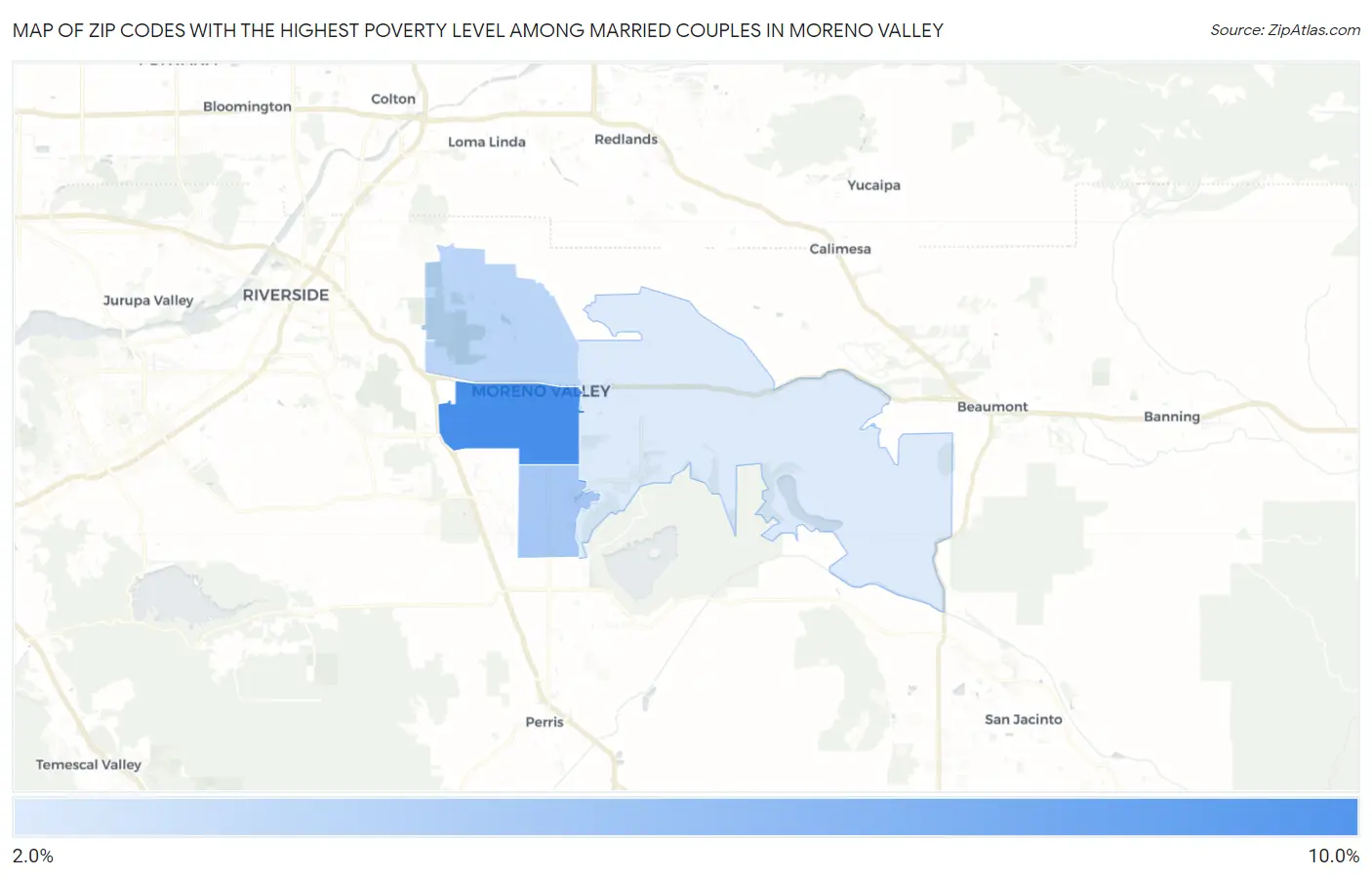 Zip Codes with the Highest Poverty Level Among Married Couples in Moreno Valley Map