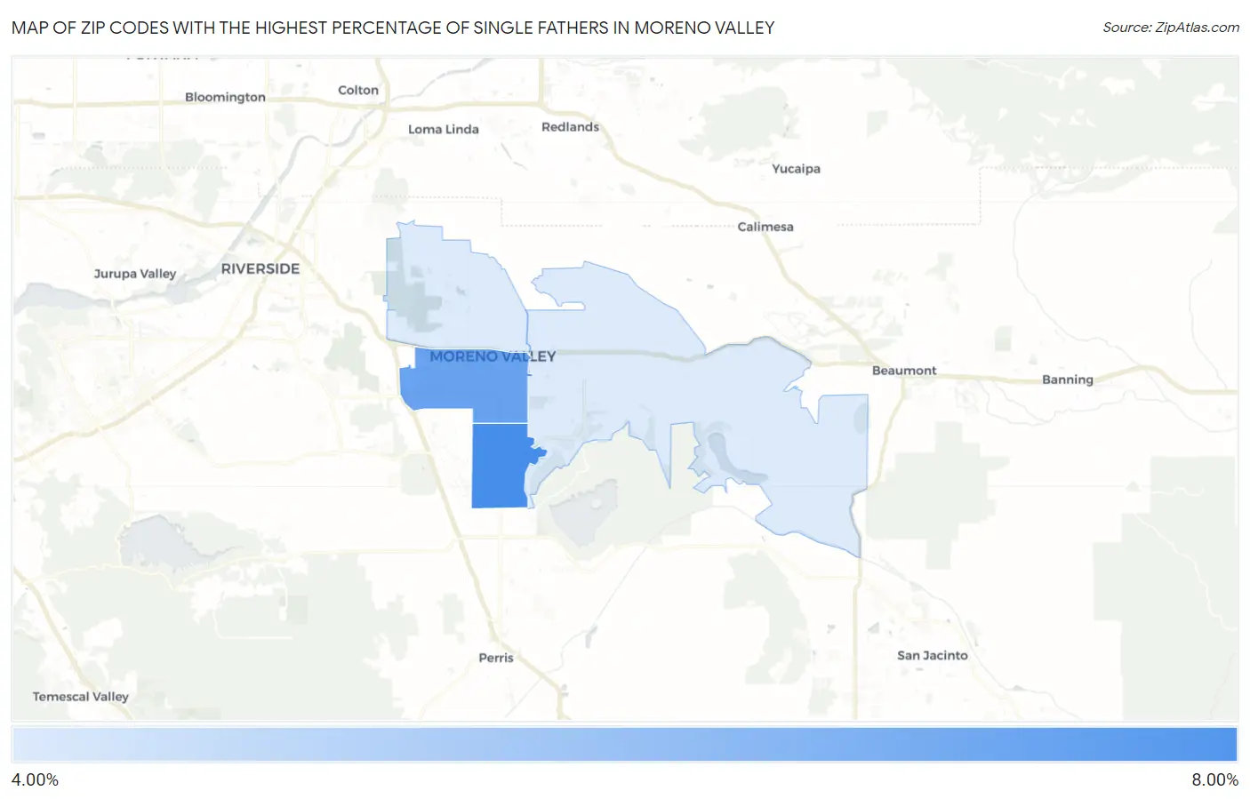 Zip Codes with the Highest Percentage of Single Fathers in Moreno Valley Map