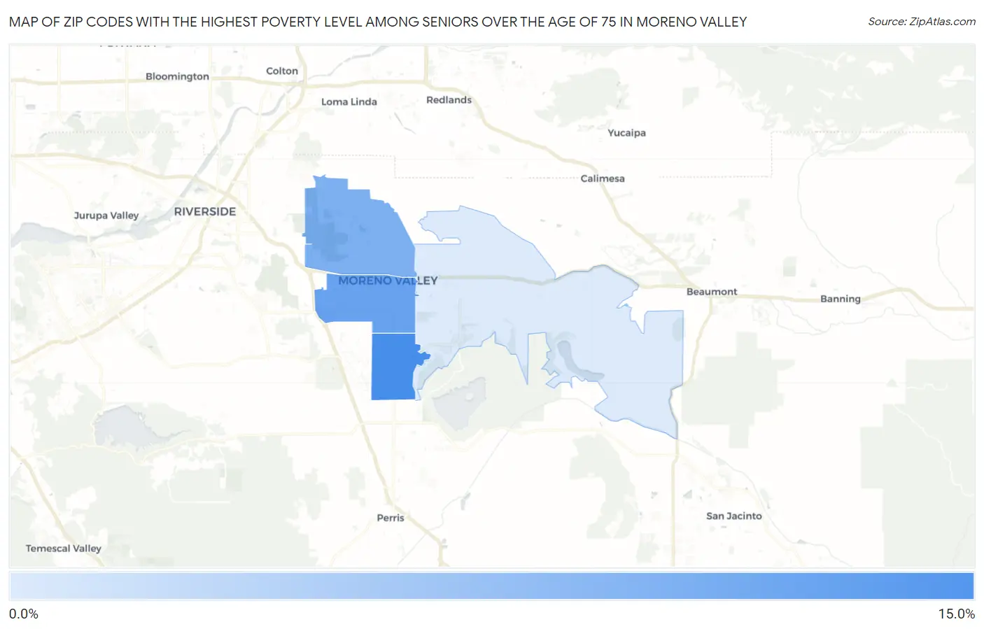 Zip Codes with the Highest Poverty Level Among Seniors Over the Age of 75 in Moreno Valley Map