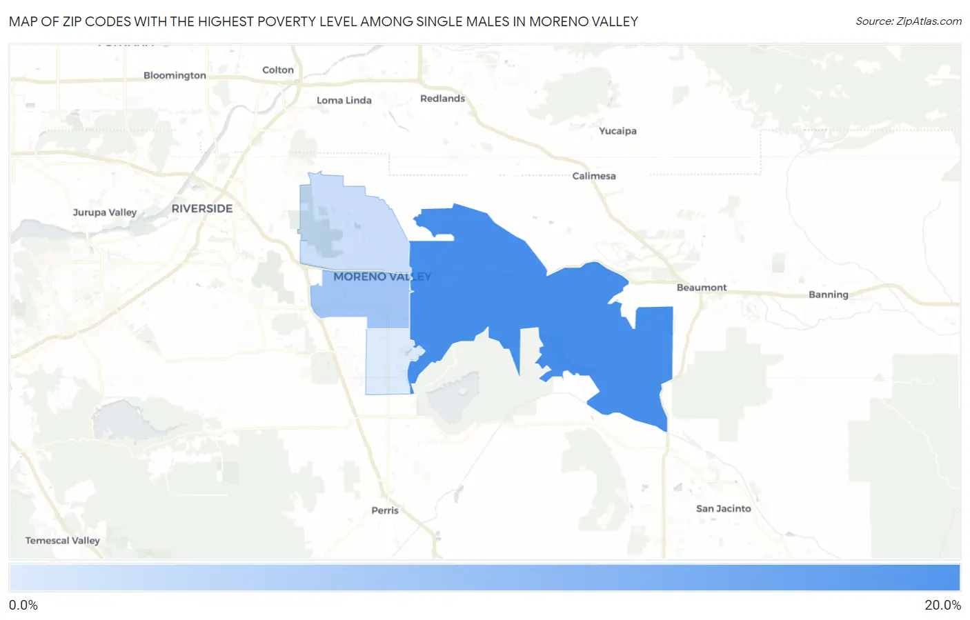 Zip Codes with the Highest Poverty Level Among Single Males in Moreno Valley Map