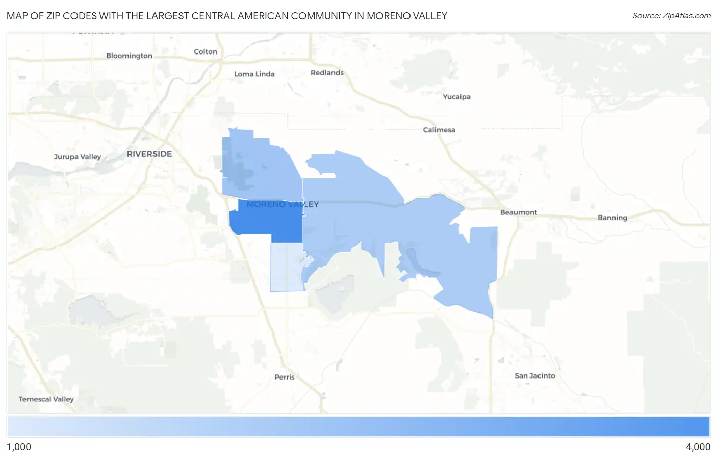 Zip Codes with the Largest Central American Community in Moreno Valley Map