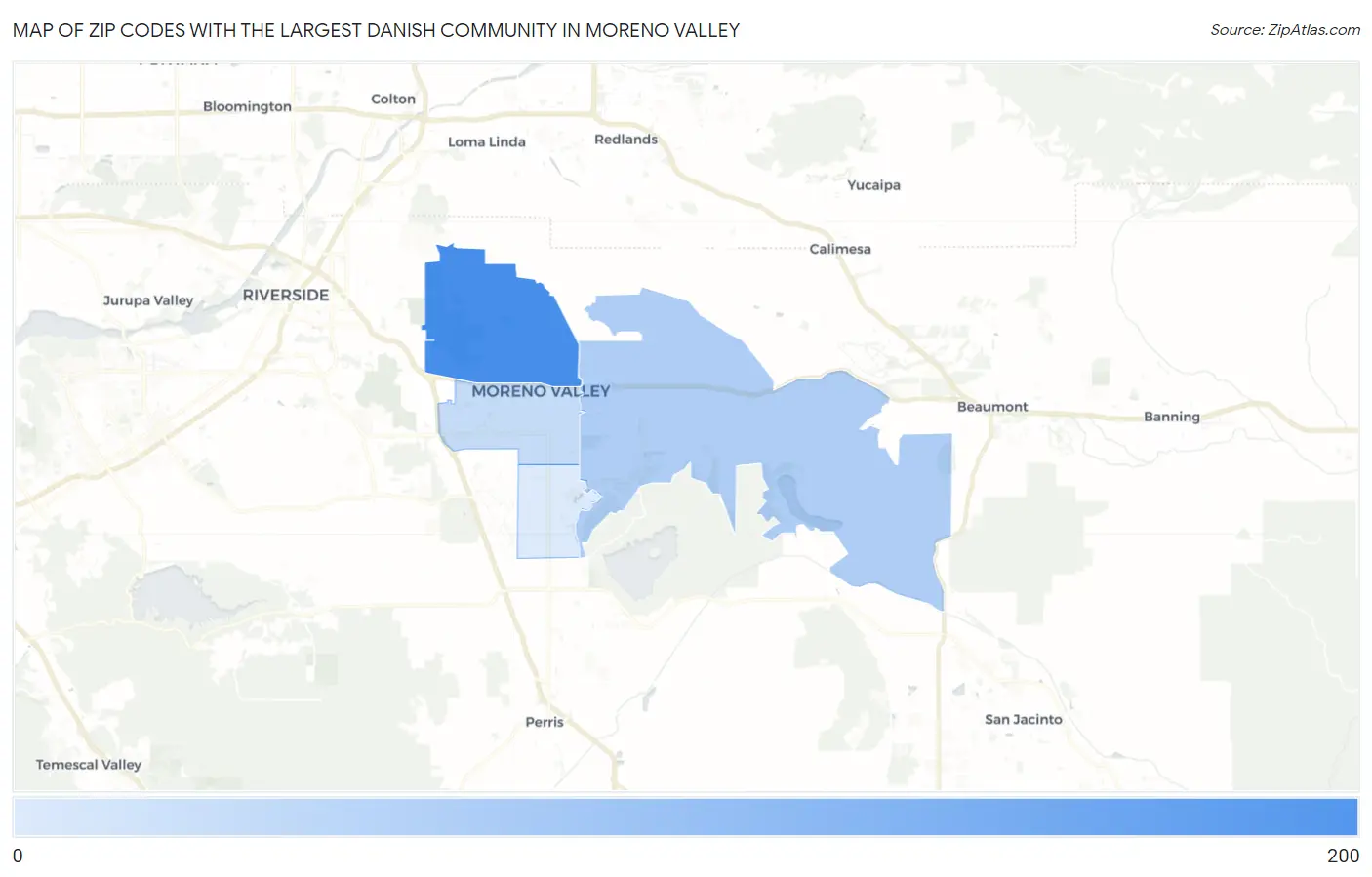 Zip Codes with the Largest Danish Community in Moreno Valley Map