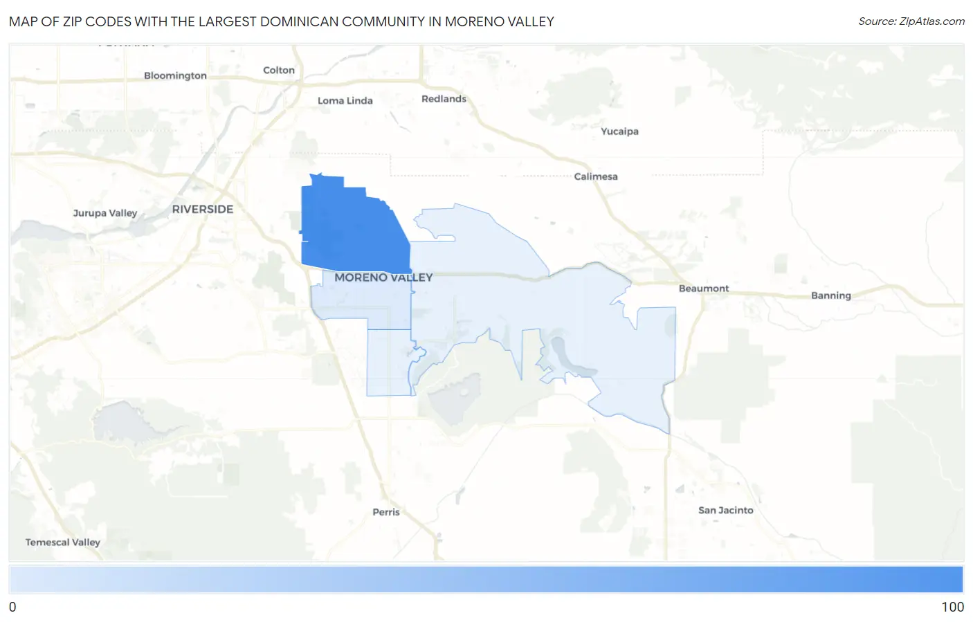 Zip Codes with the Largest Dominican Community in Moreno Valley Map
