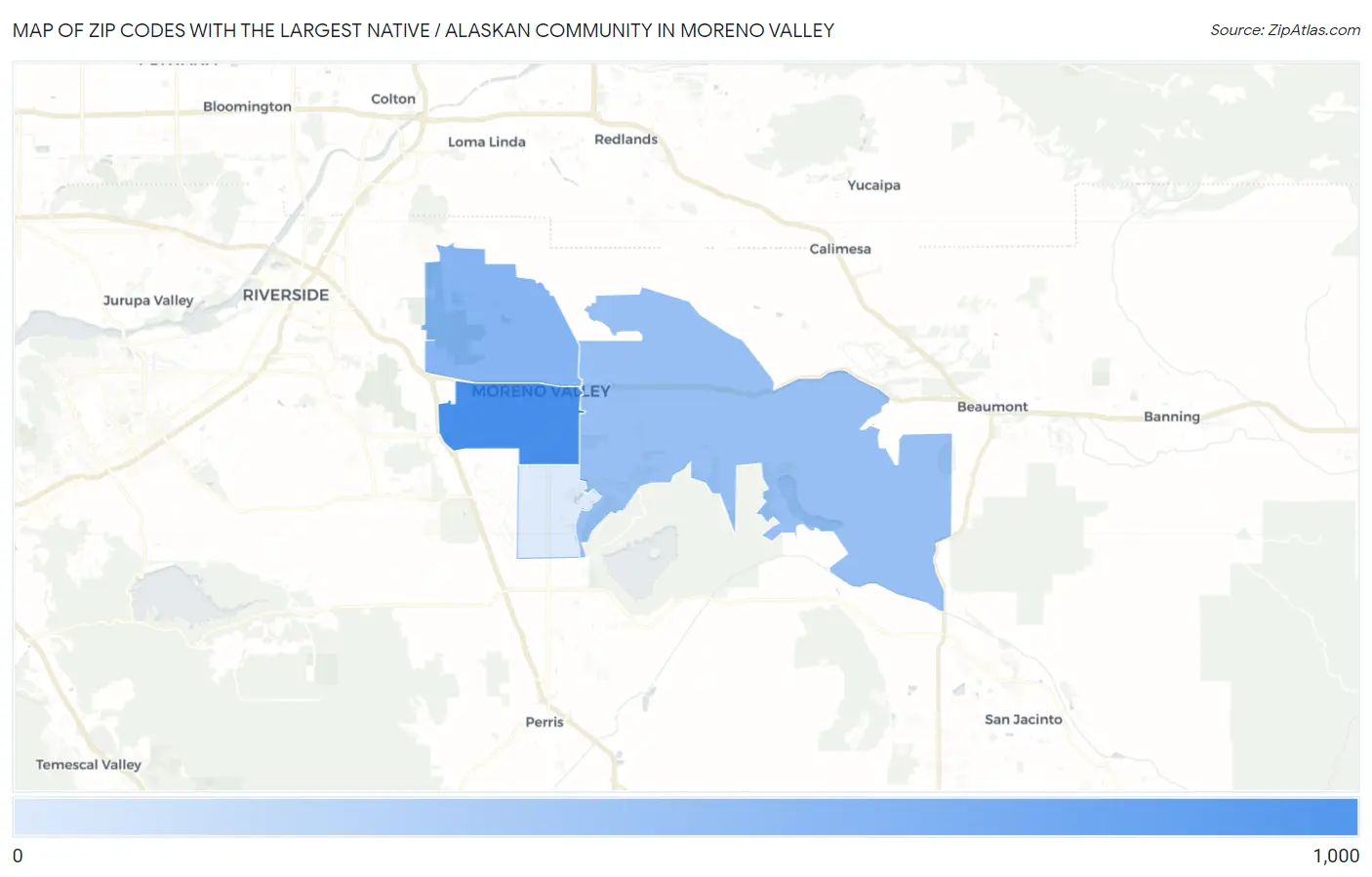 Zip Codes with the Largest Native / Alaskan Community in Moreno Valley Map