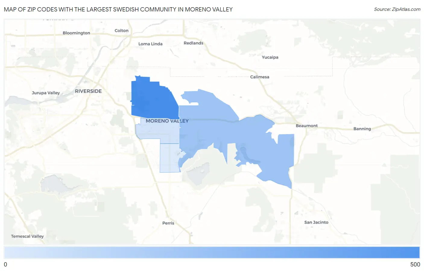 Zip Codes with the Largest Swedish Community in Moreno Valley Map