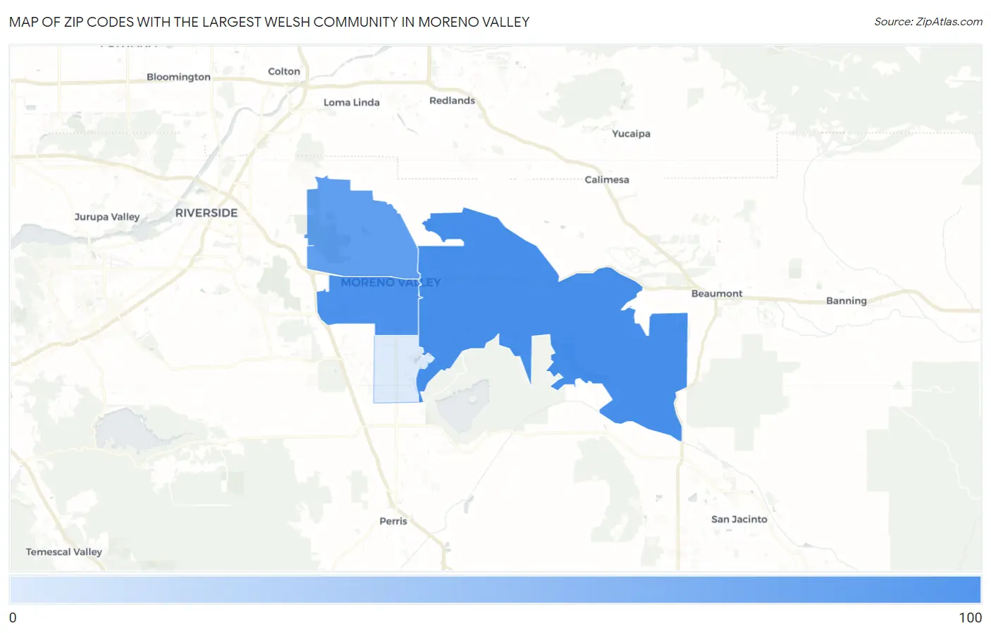 Zip Codes with the Largest Welsh Community in Moreno Valley Map