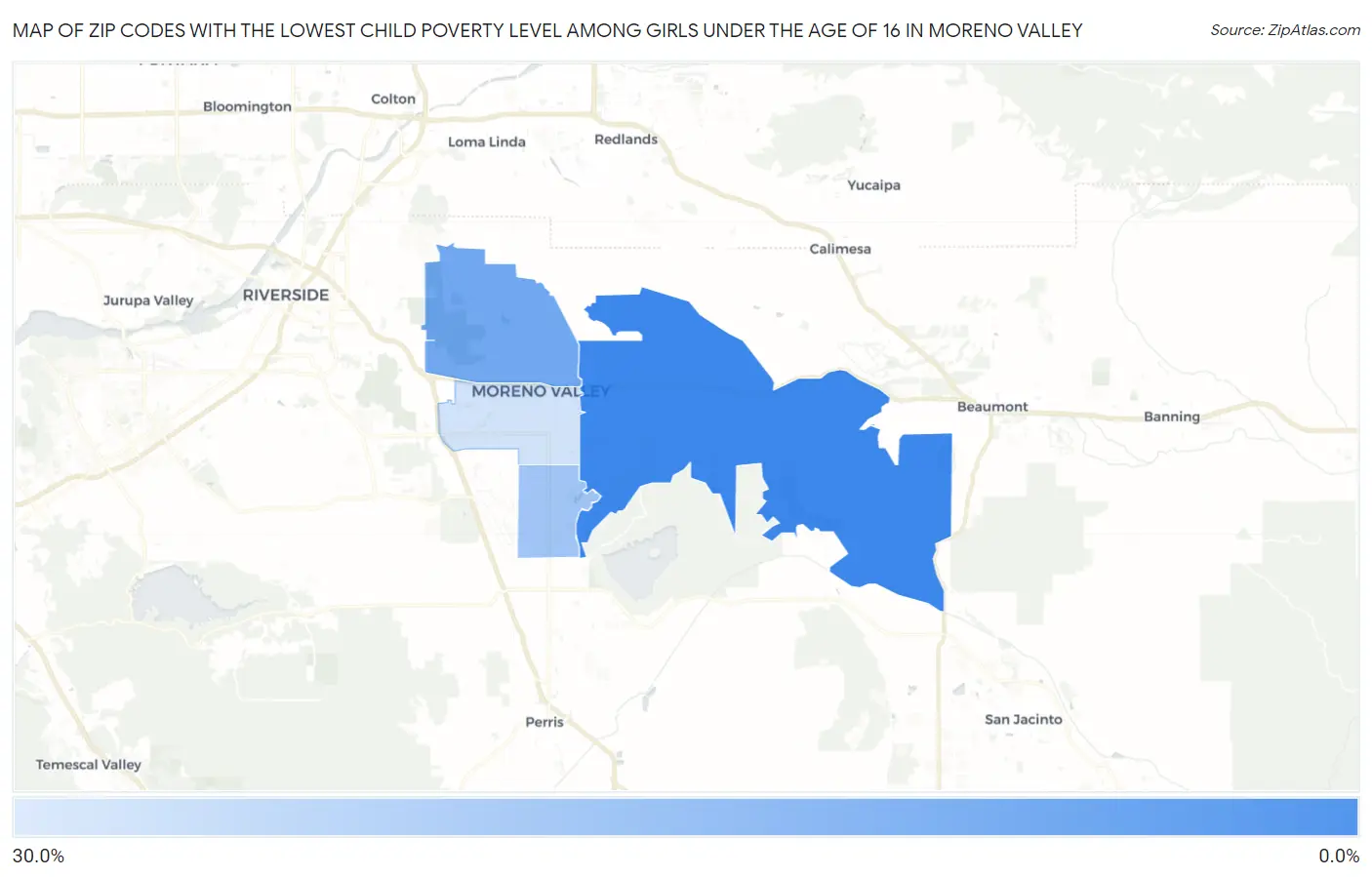 Zip Codes with the Lowest Child Poverty Level Among Girls Under the Age of 16 in Moreno Valley Map