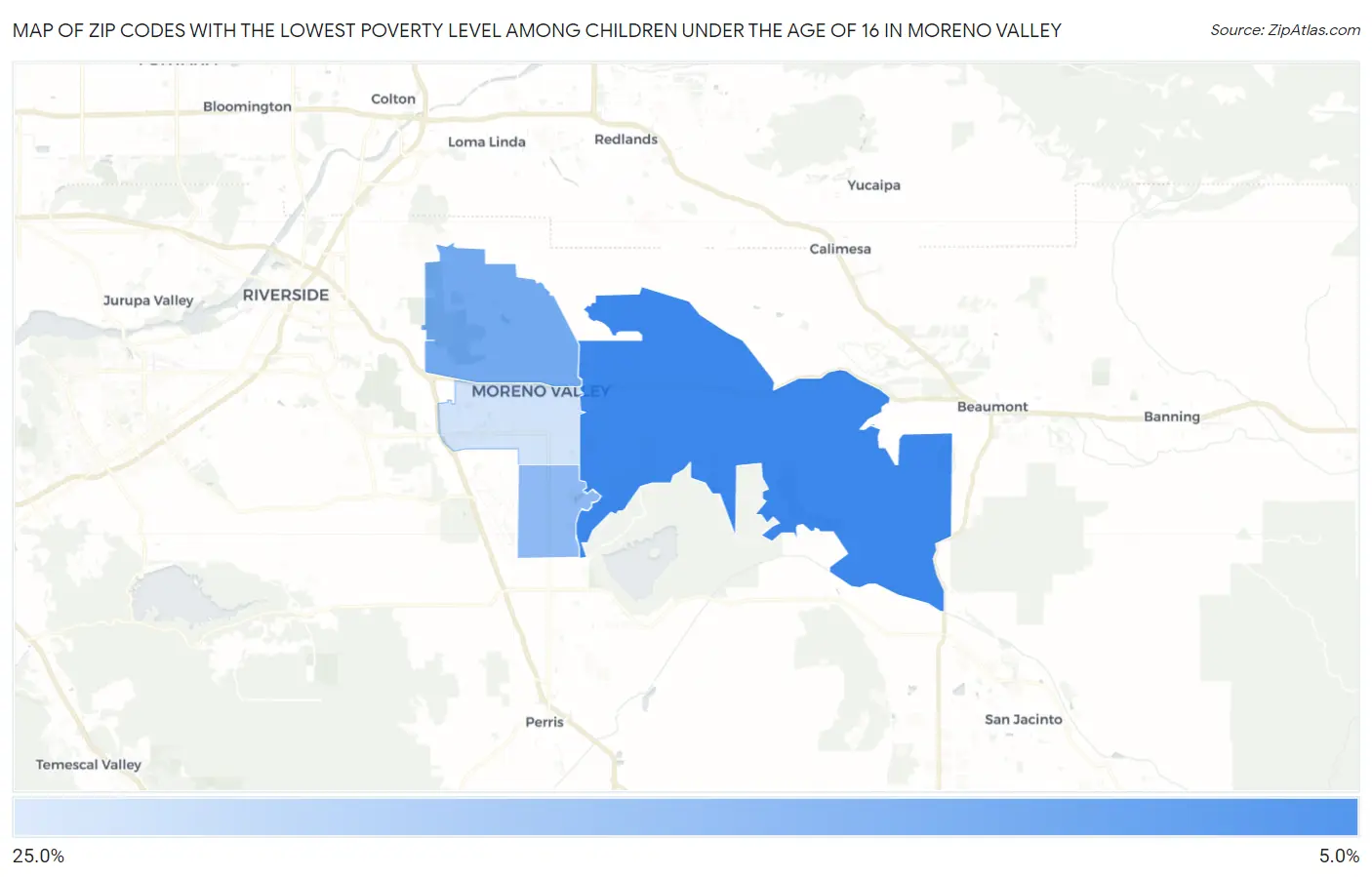 Zip Codes with the Lowest Poverty Level Among Children Under the Age of 16 in Moreno Valley Map
