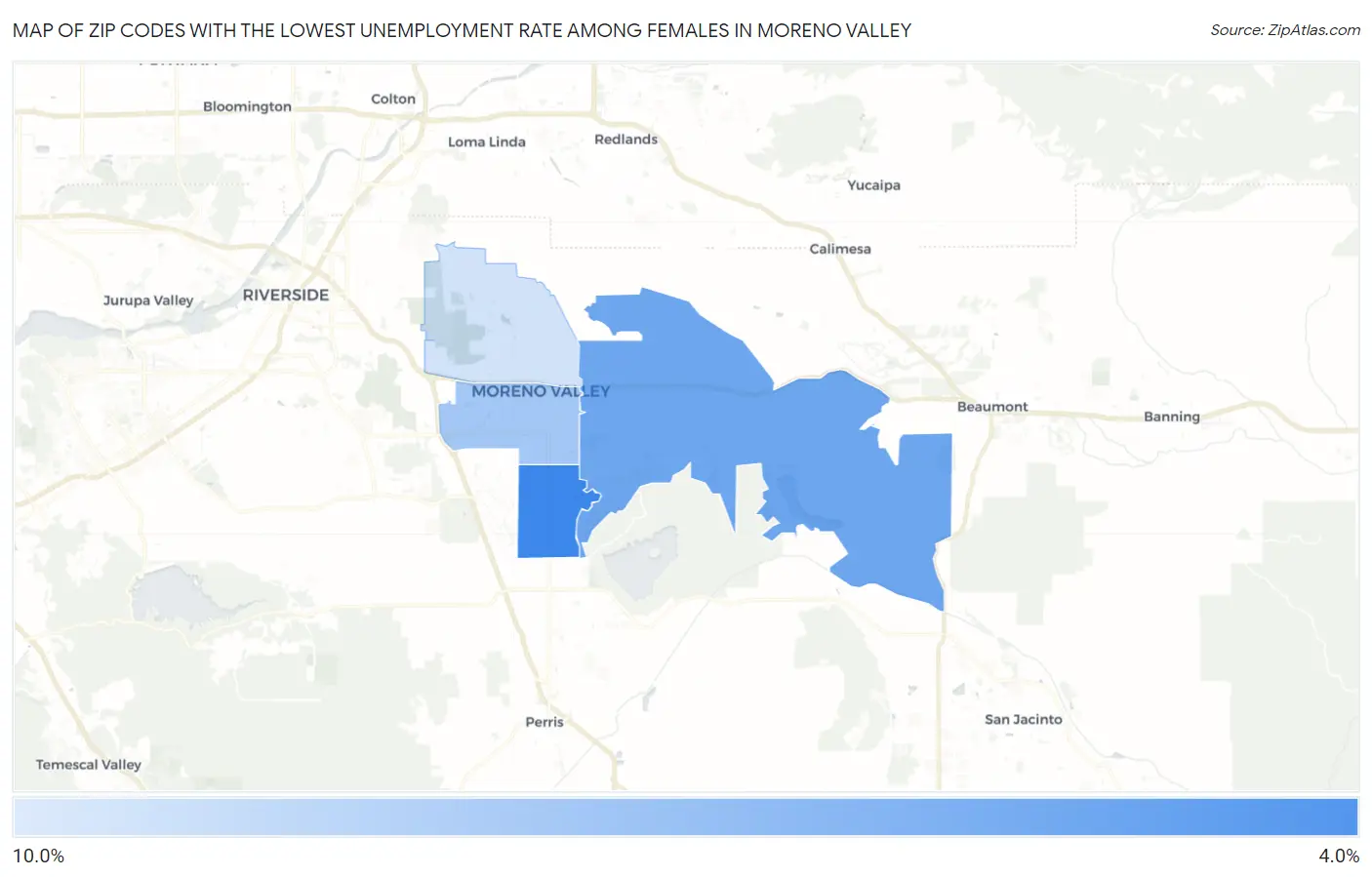 Zip Codes with the Lowest Unemployment Rate Among Females in Moreno Valley Map