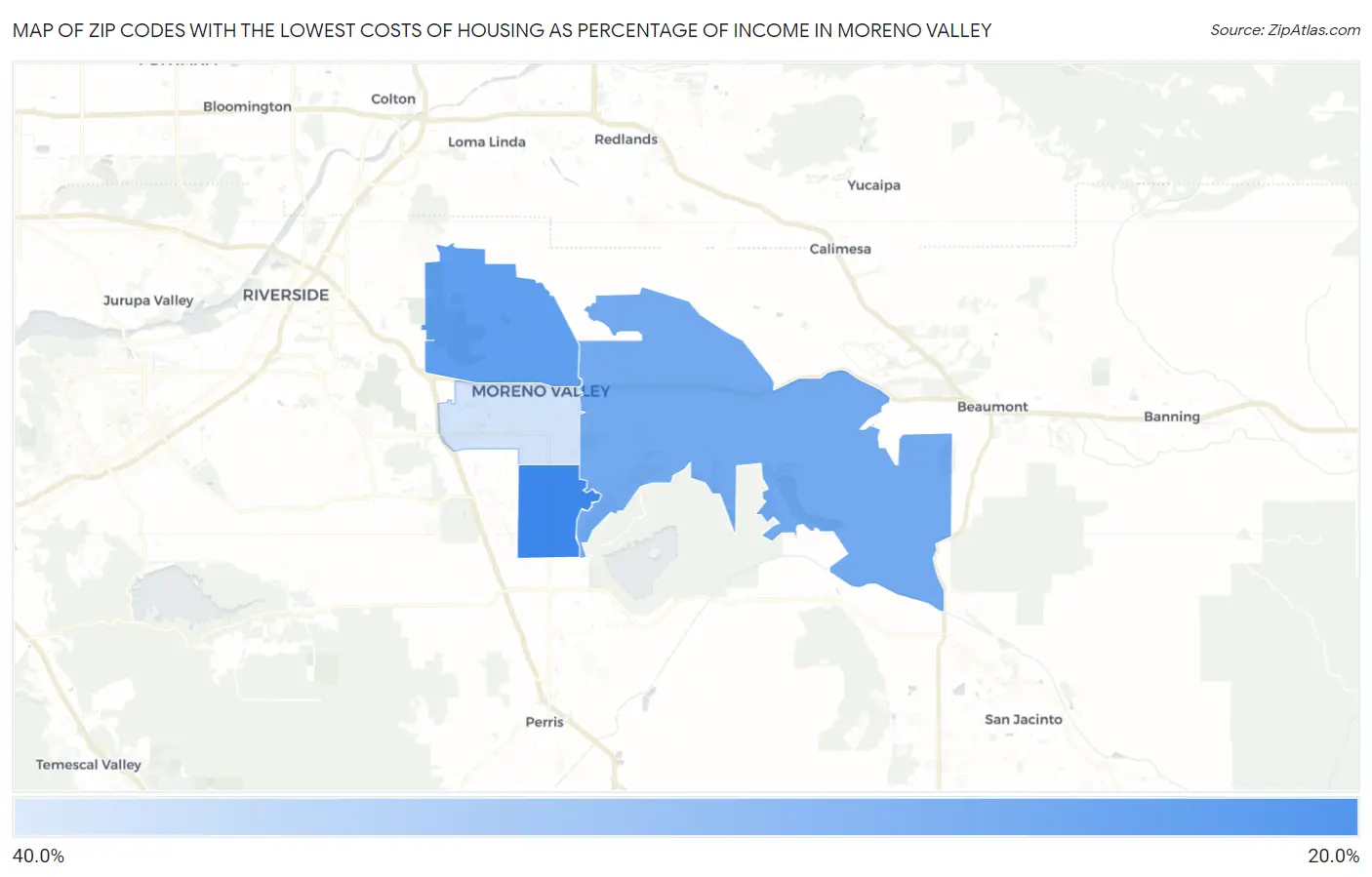 Zip Codes with the Lowest Costs of Housing as Percentage of Income in Moreno Valley Map