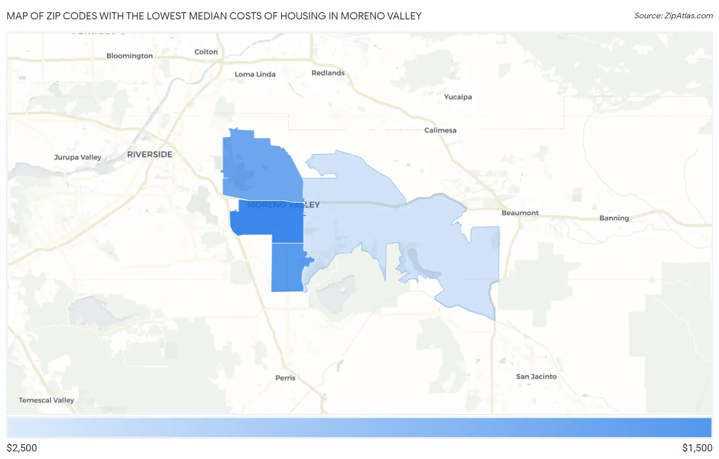Zip Codes with the Lowest Median Costs of Housing in Moreno Valley Map
