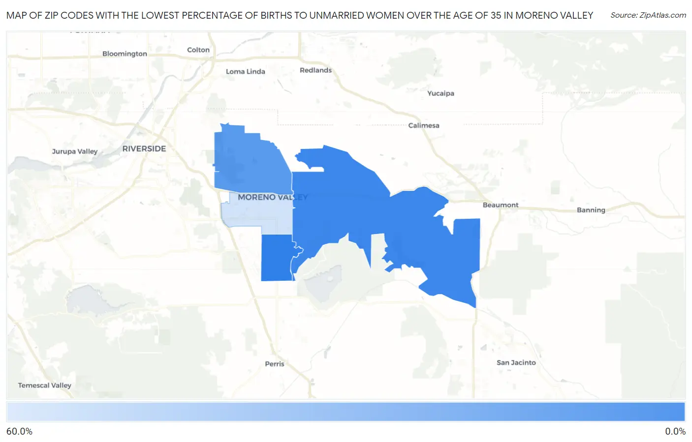 Zip Codes with the Lowest Percentage of Births to Unmarried Women over the Age of 35 in Moreno Valley Map