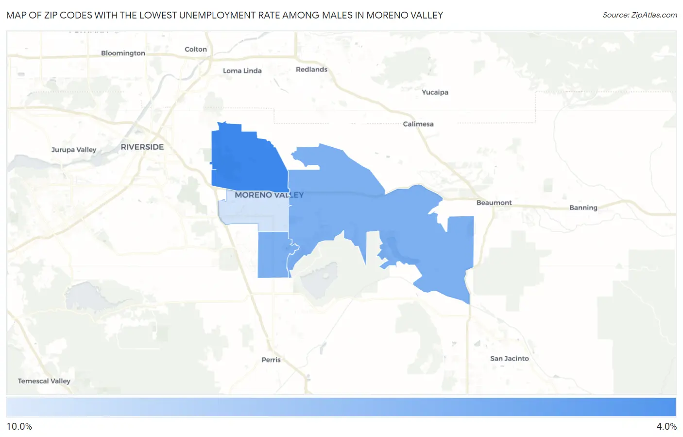 Zip Codes with the Lowest Unemployment Rate Among Males in Moreno Valley Map