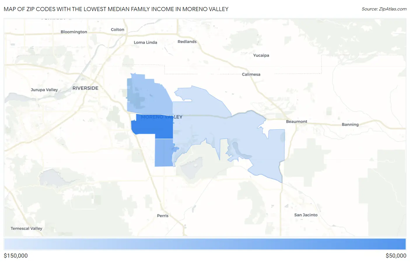 Zip Codes with the Lowest Median Family Income in Moreno Valley Map