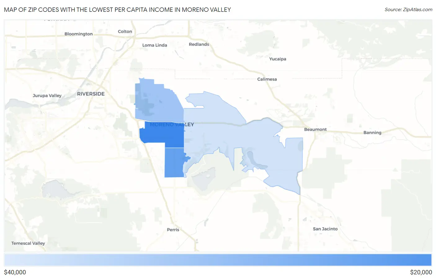 Zip Codes with the Lowest Per Capita Income in Moreno Valley Map