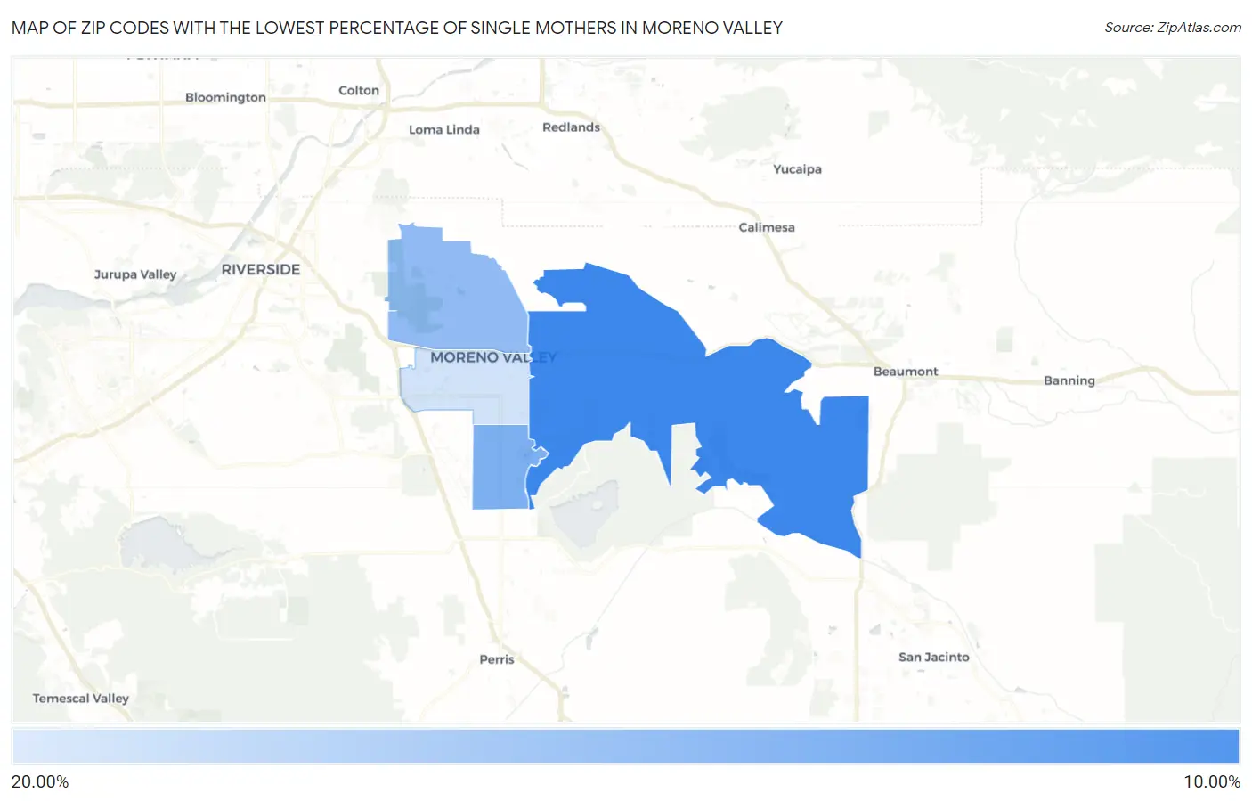 Zip Codes with the Lowest Percentage of Single Mothers in Moreno Valley Map