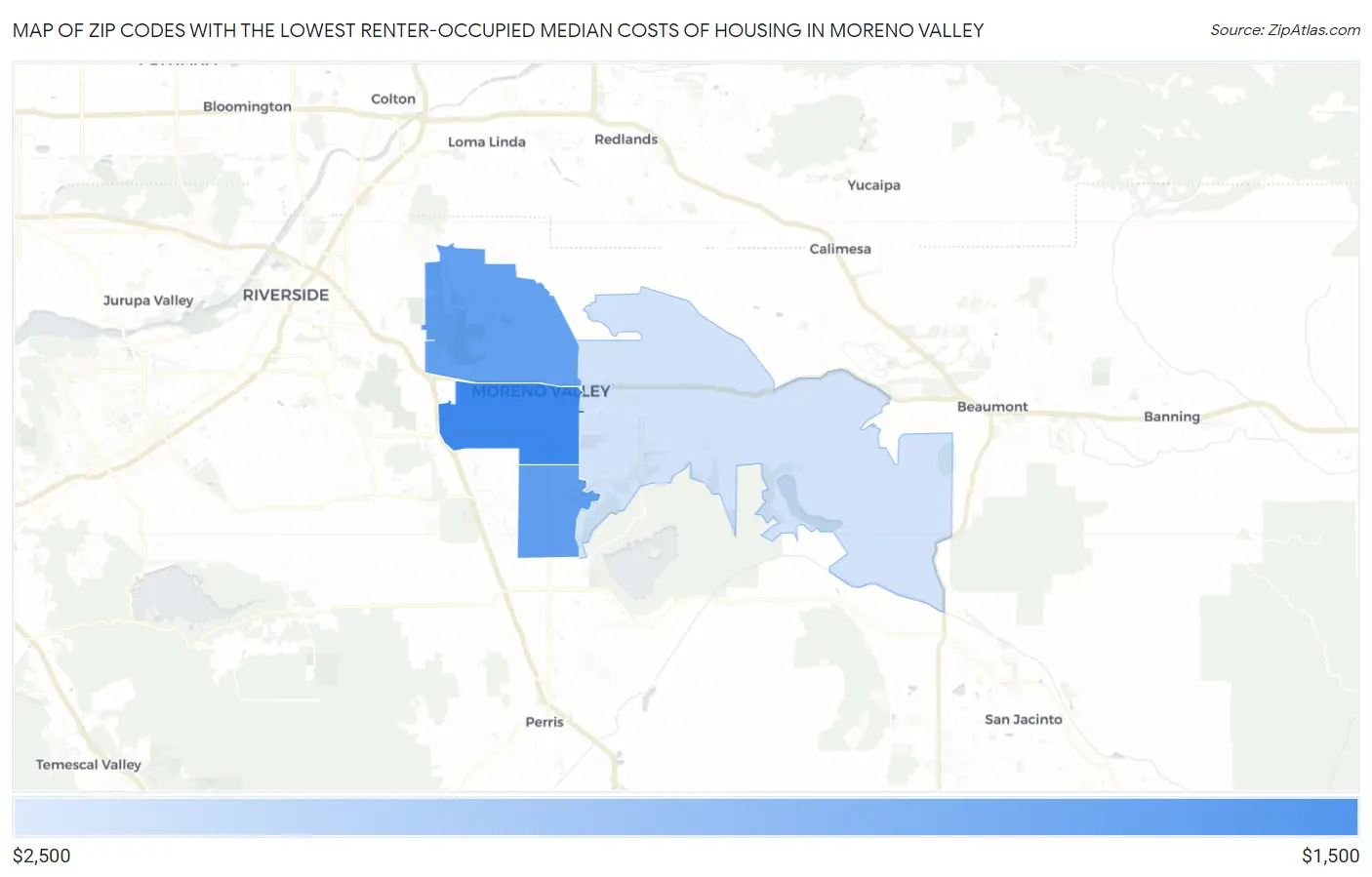 Zip Codes with the Lowest Renter-Occupied Median Costs of Housing in Moreno Valley Map