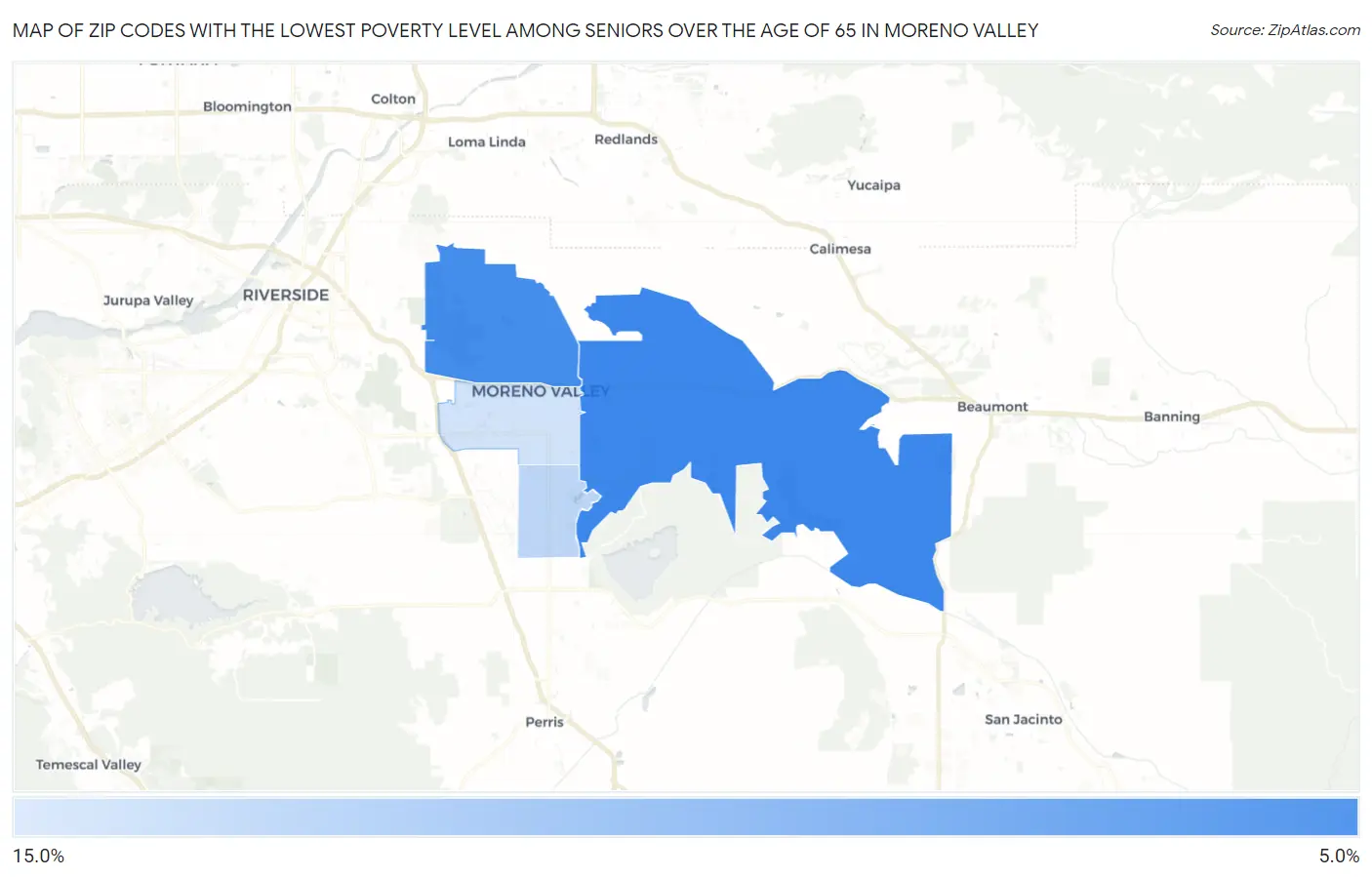 Zip Codes with the Lowest Poverty Level Among Seniors Over the Age of 65 in Moreno Valley Map