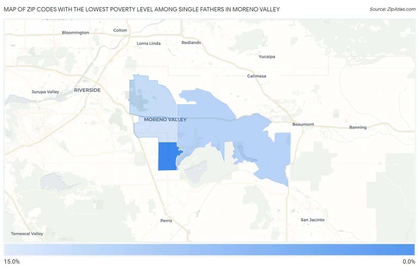 Zip Codes with the Lowest Poverty Level Among Single Fathers in Moreno Valley Map