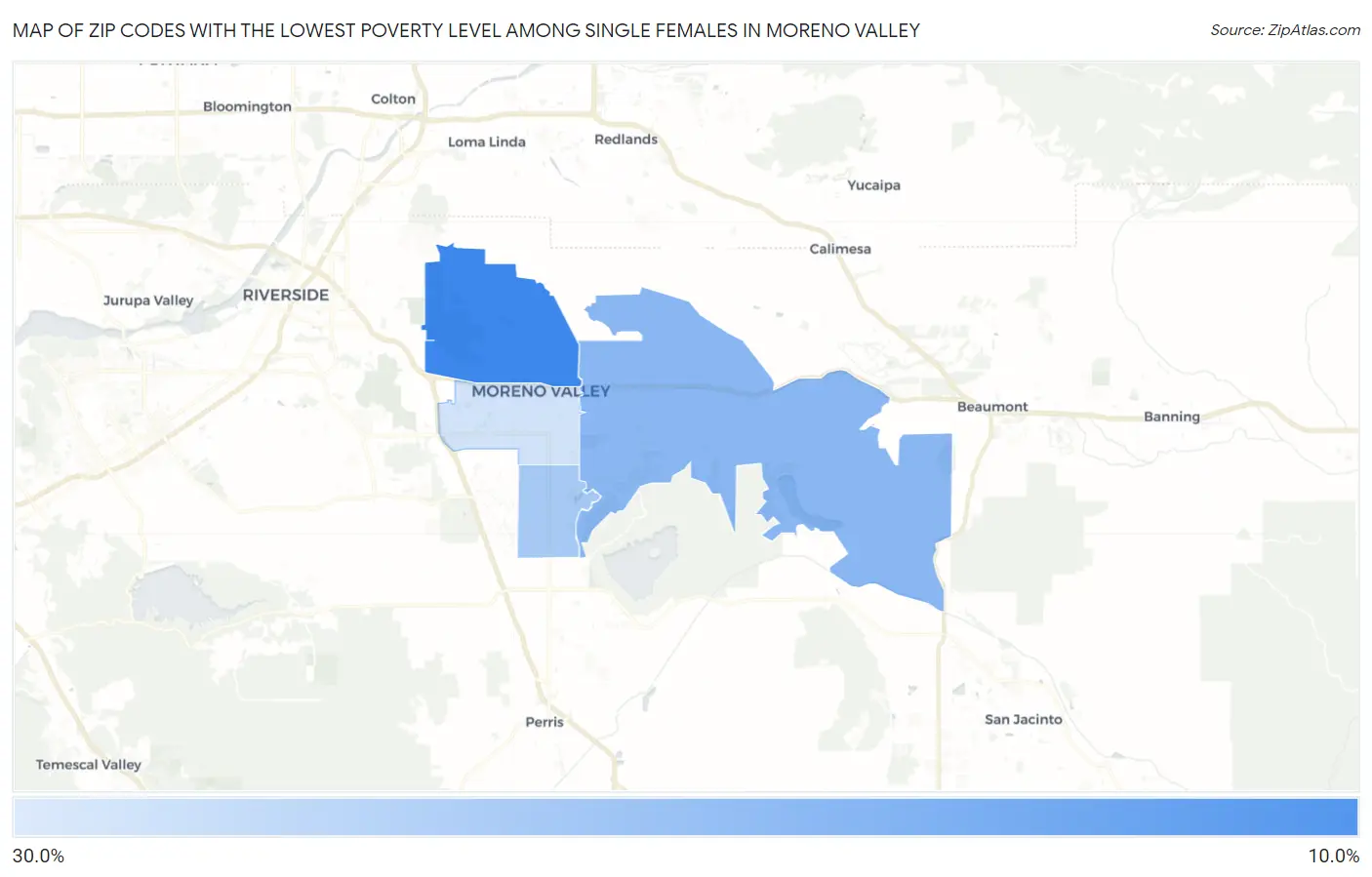 Zip Codes with the Lowest Poverty Level Among Single Females in Moreno Valley Map