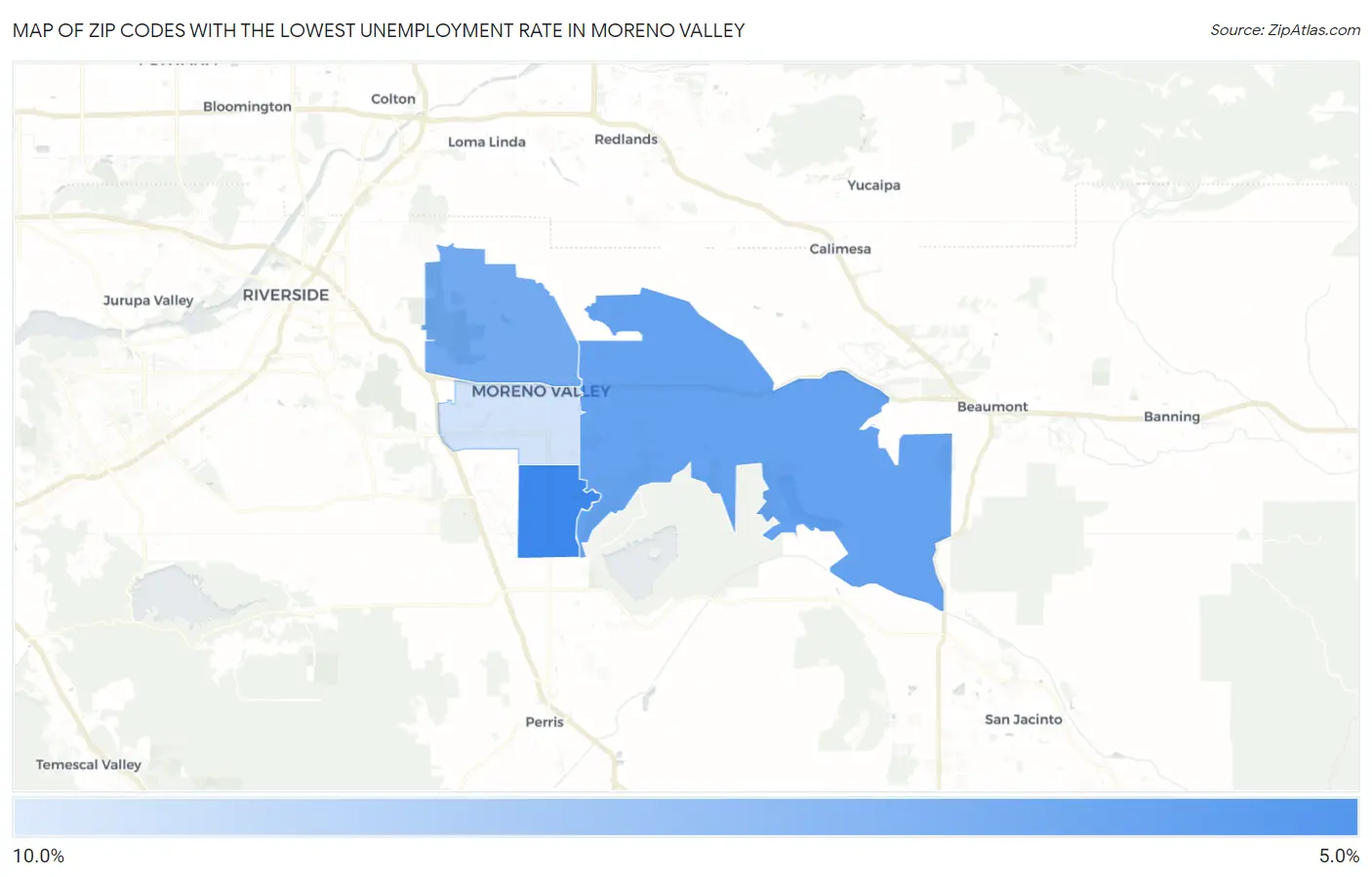 Zip Codes with the Lowest Unemployment Rate in Moreno Valley Map