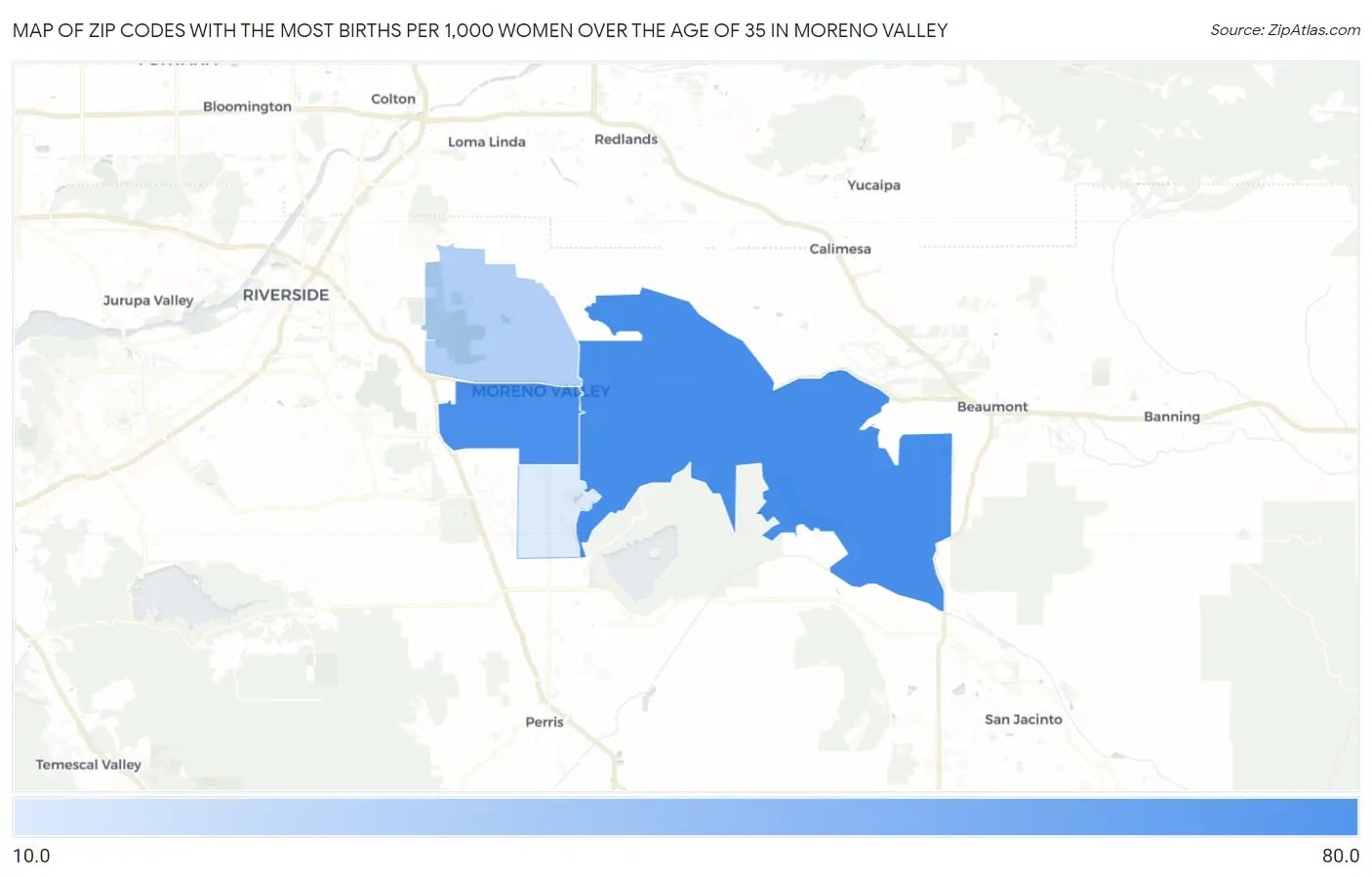Zip Codes with the Most Births per 1,000 Women Over the Age of 35 in Moreno Valley Map
