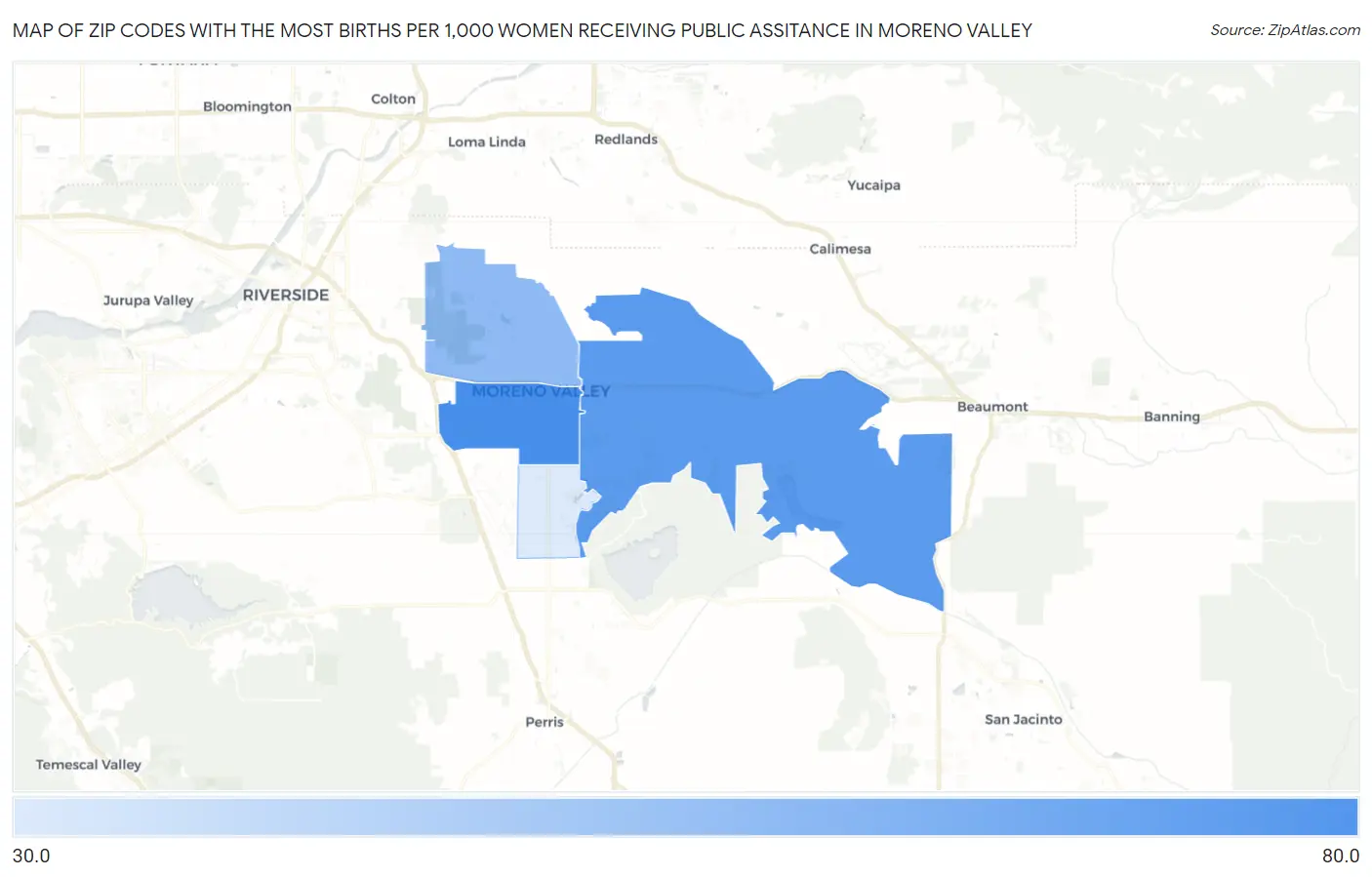 Zip Codes with the Most Births per 1,000 Women Receiving Public Assitance in Moreno Valley Map