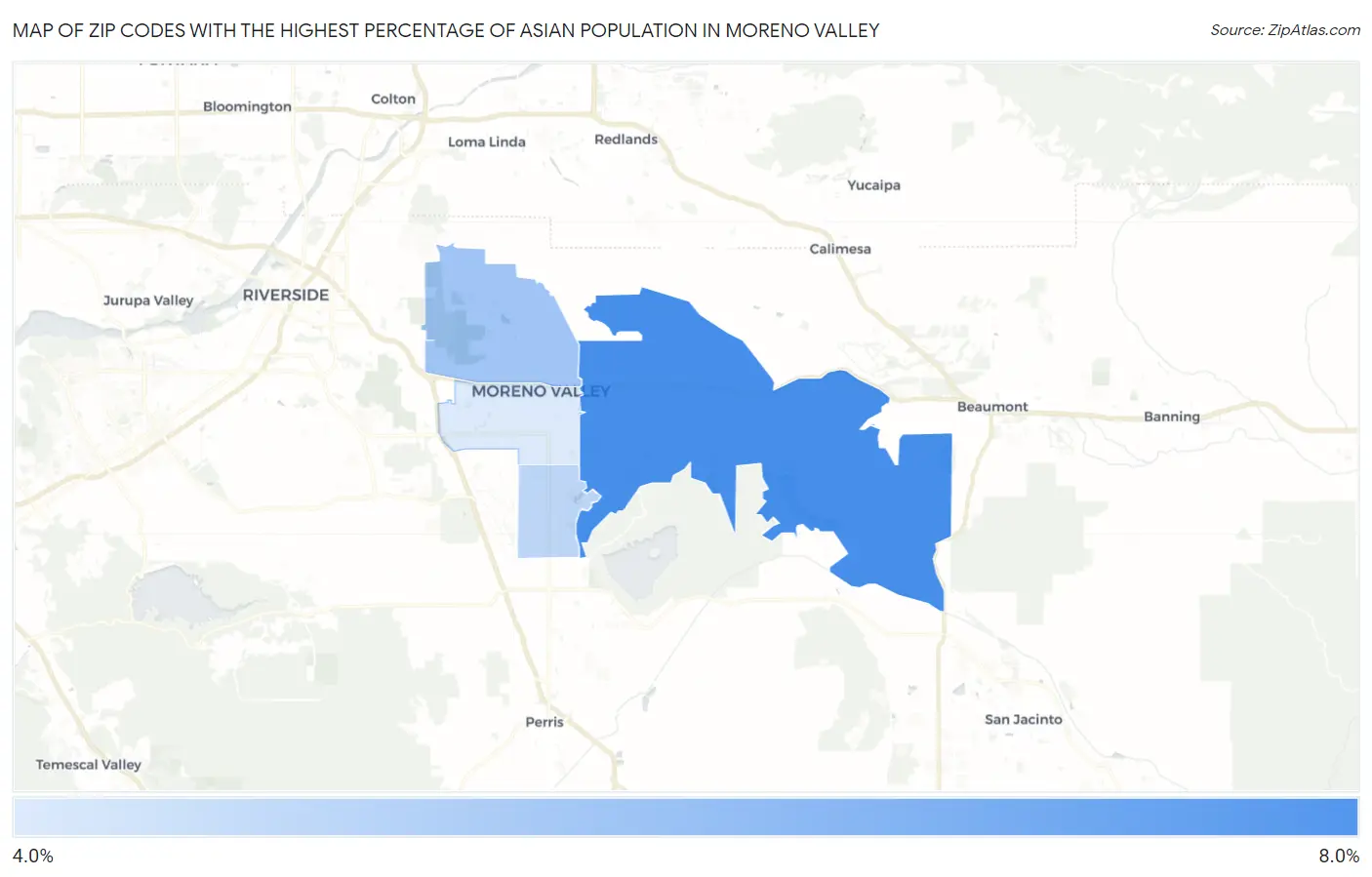 Zip Codes with the Highest Percentage of Asian Population in Moreno Valley Map