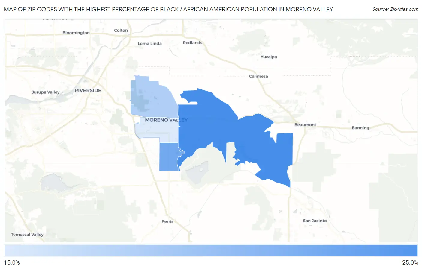 Zip Codes with the Highest Percentage of Black / African American Population in Moreno Valley Map