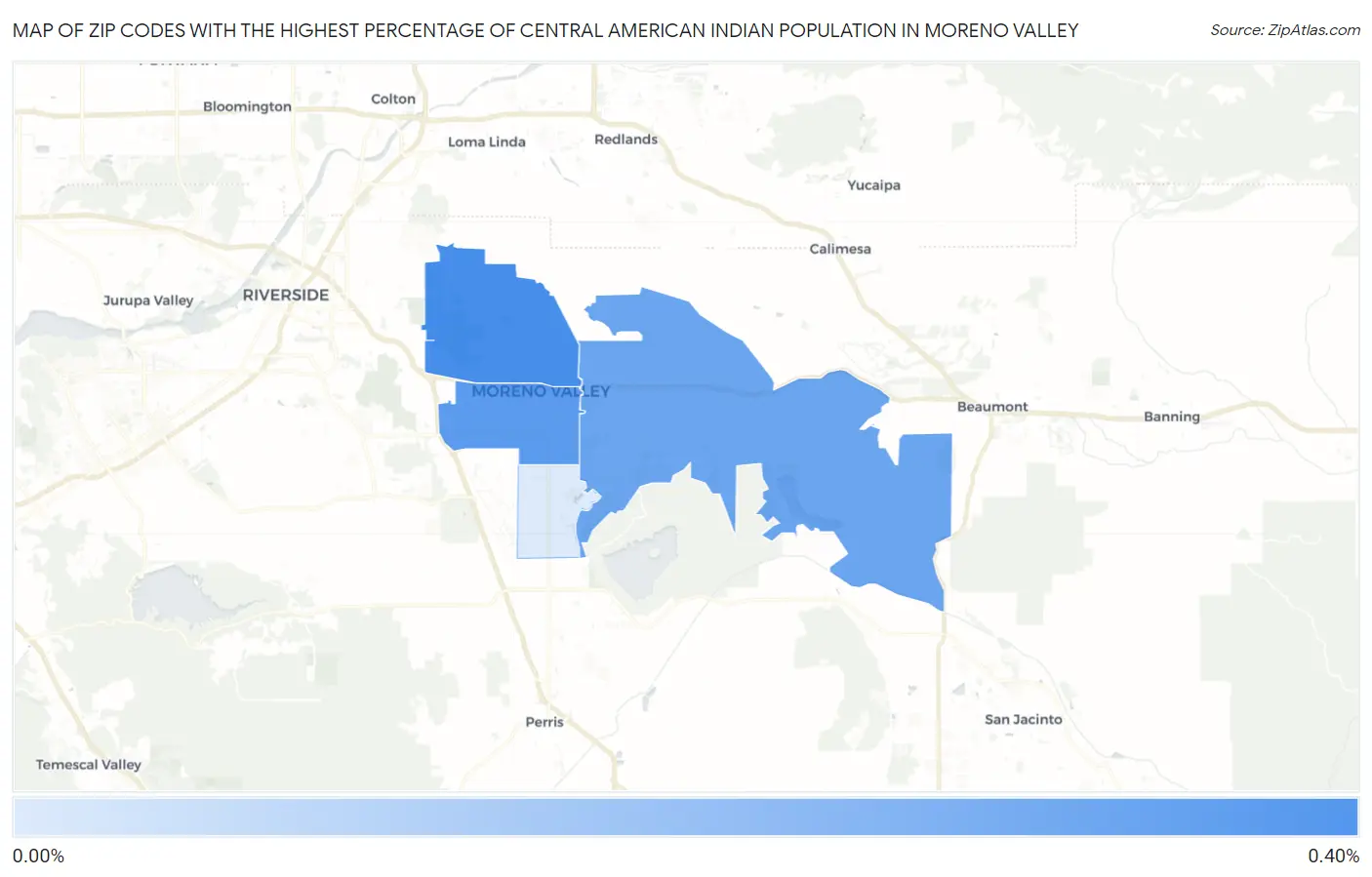 Zip Codes with the Highest Percentage of Central American Indian Population in Moreno Valley Map