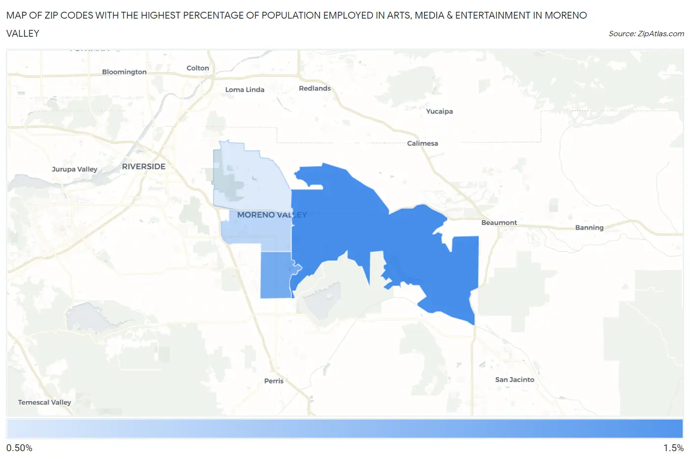 Zip Codes with the Highest Percentage of Population Employed in Arts, Media & Entertainment in Moreno Valley Map
