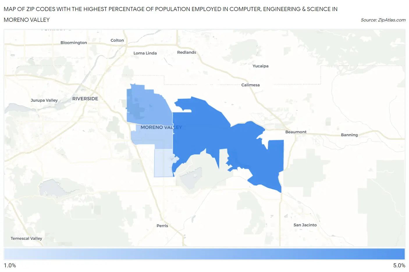 Zip Codes with the Highest Percentage of Population Employed in Computer, Engineering & Science in Moreno Valley Map