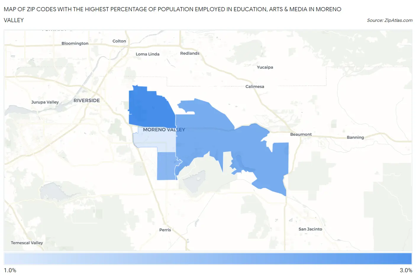 Zip Codes with the Highest Percentage of Population Employed in Education, Arts & Media in Moreno Valley Map