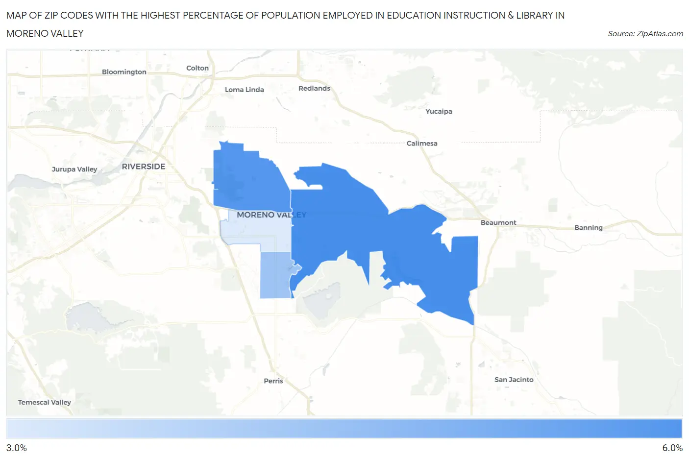 Zip Codes with the Highest Percentage of Population Employed in Education Instruction & Library in Moreno Valley Map